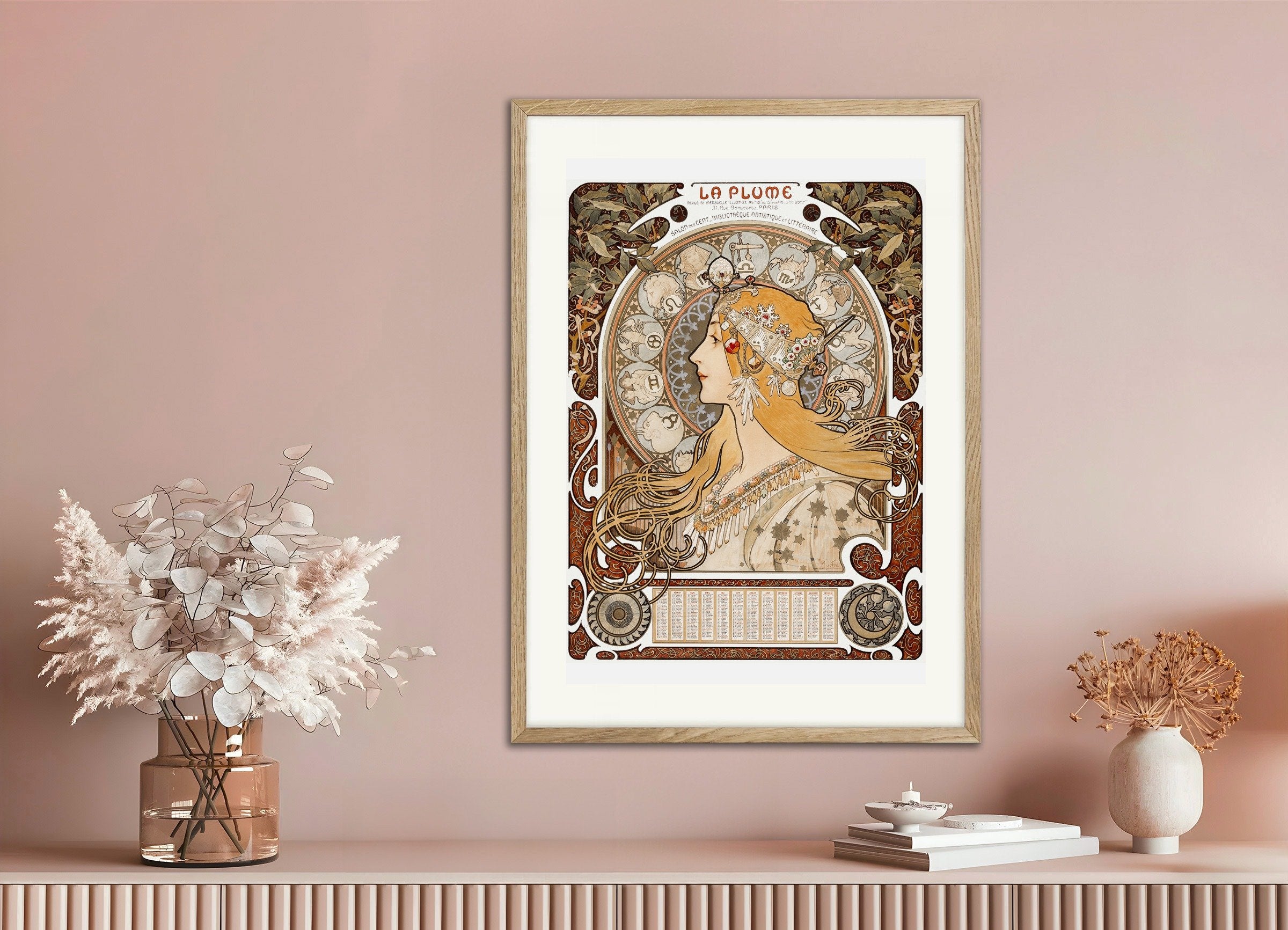 Poster of Alfons Mucha Zodiaque or La Plume (ca. 1896–1897), with natural wooden frame