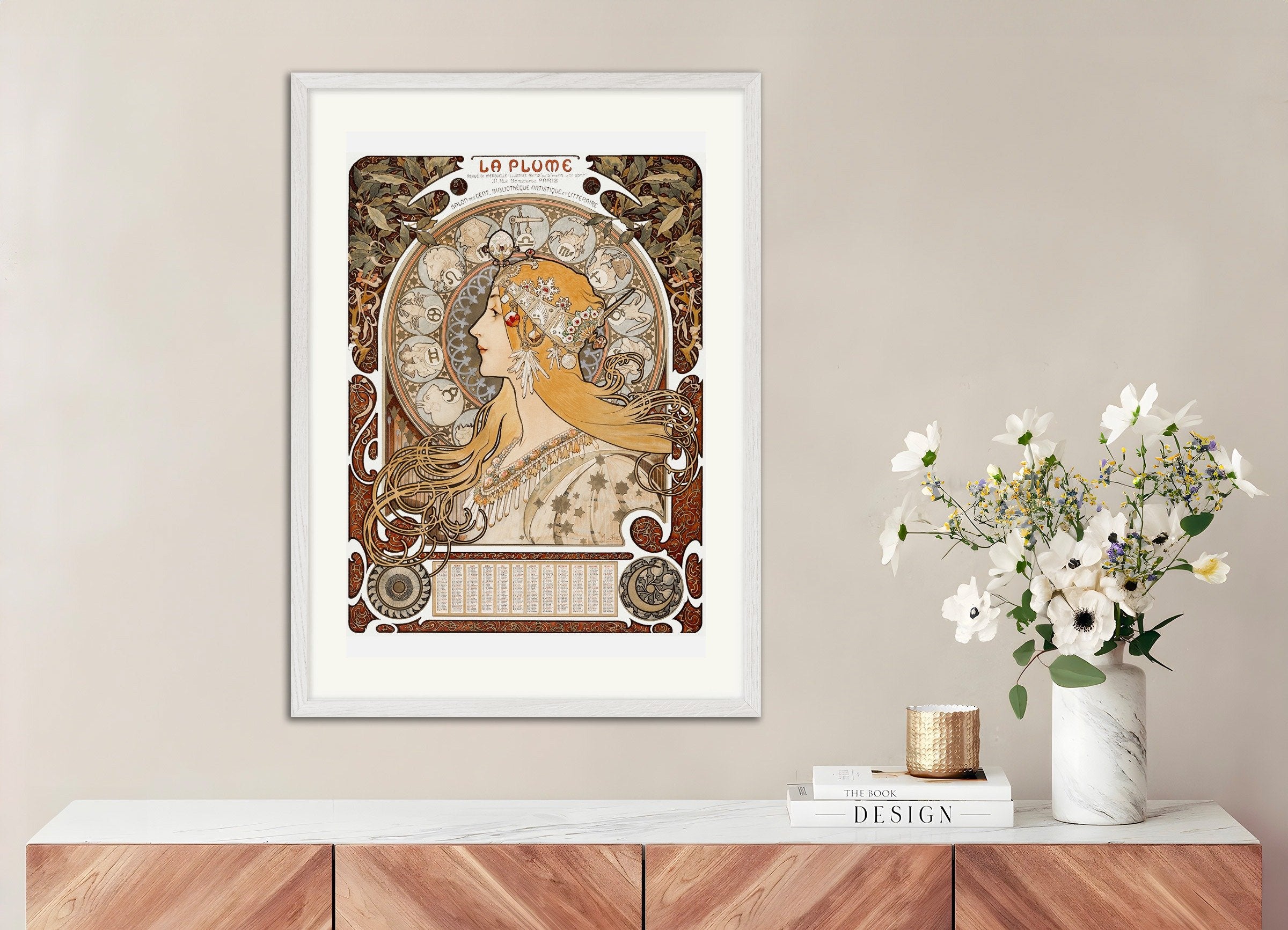 Poster of Alfons Mucha Zodiaque or La Plume (ca. 1896–1897), with white wooden frame