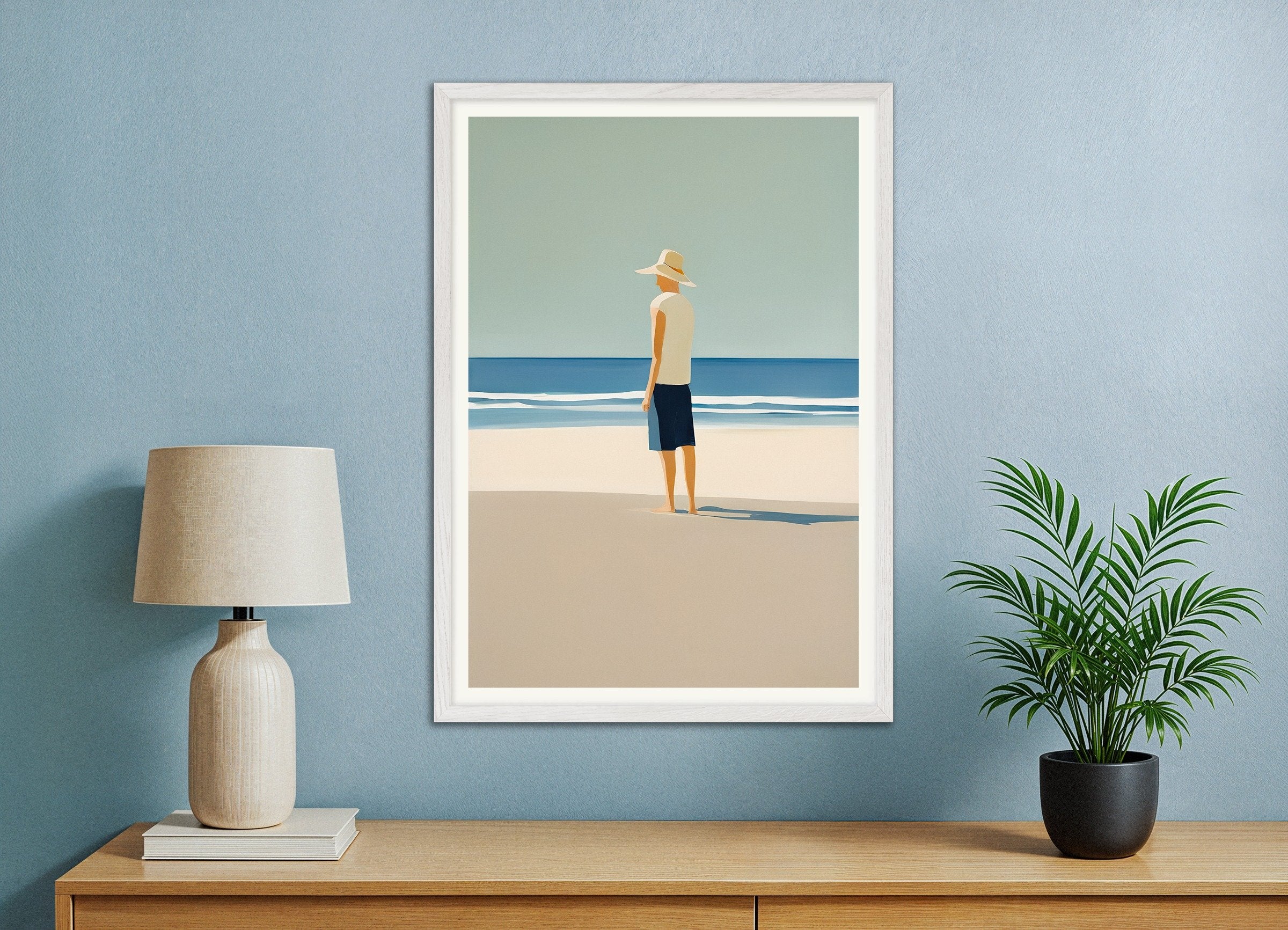 Poster of André at the beach, portrait - Minimalist Coastal Art Print, with white wooden frame