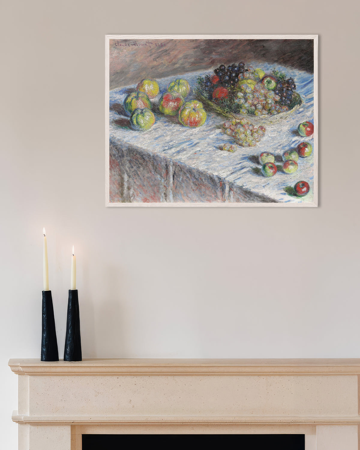 Plakat Epler og druer (1880) av Claude Monet med hvit treramme