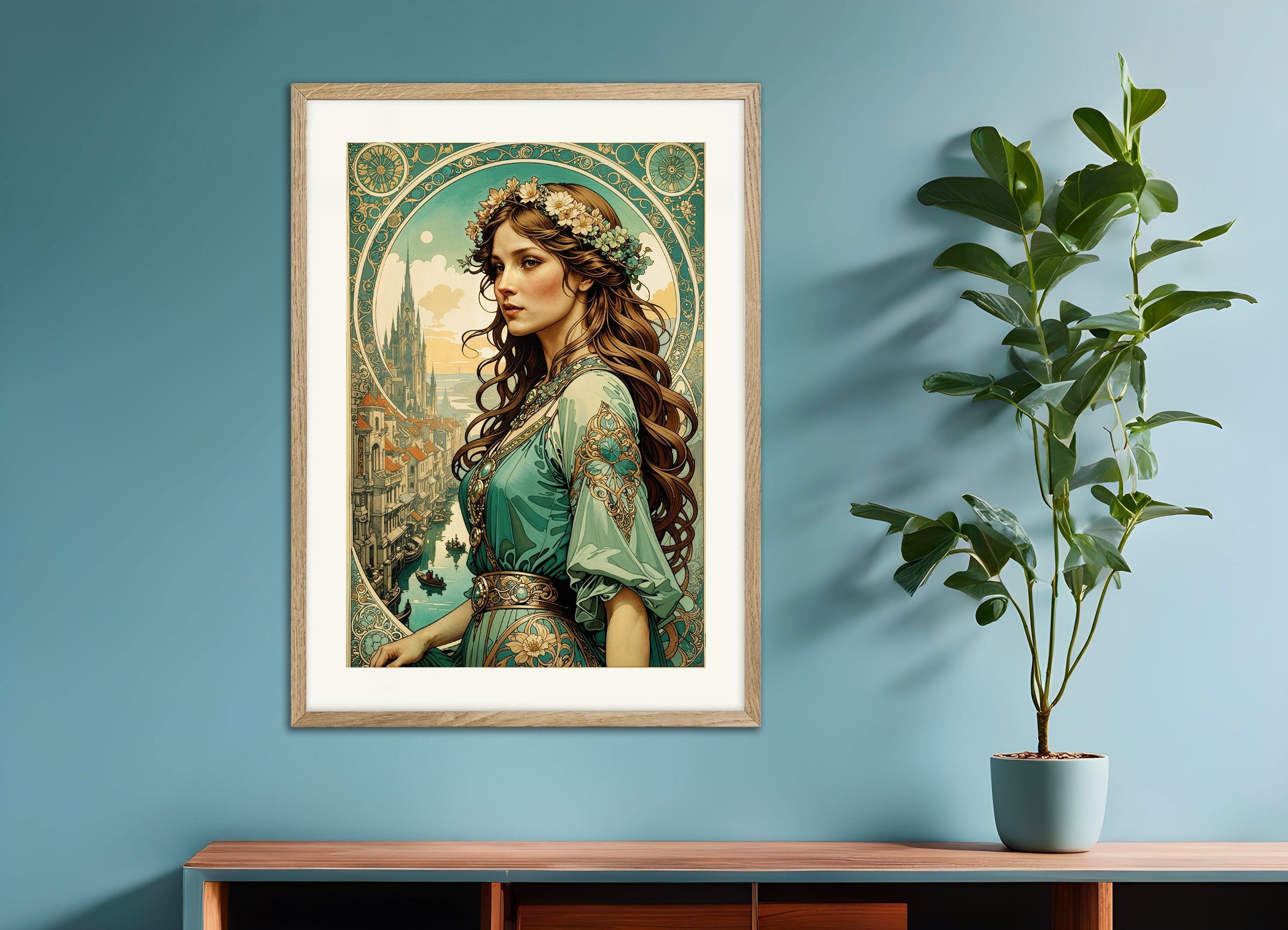 Poster of Art Nouveau Woman - Wall Art, with natural wooden frame