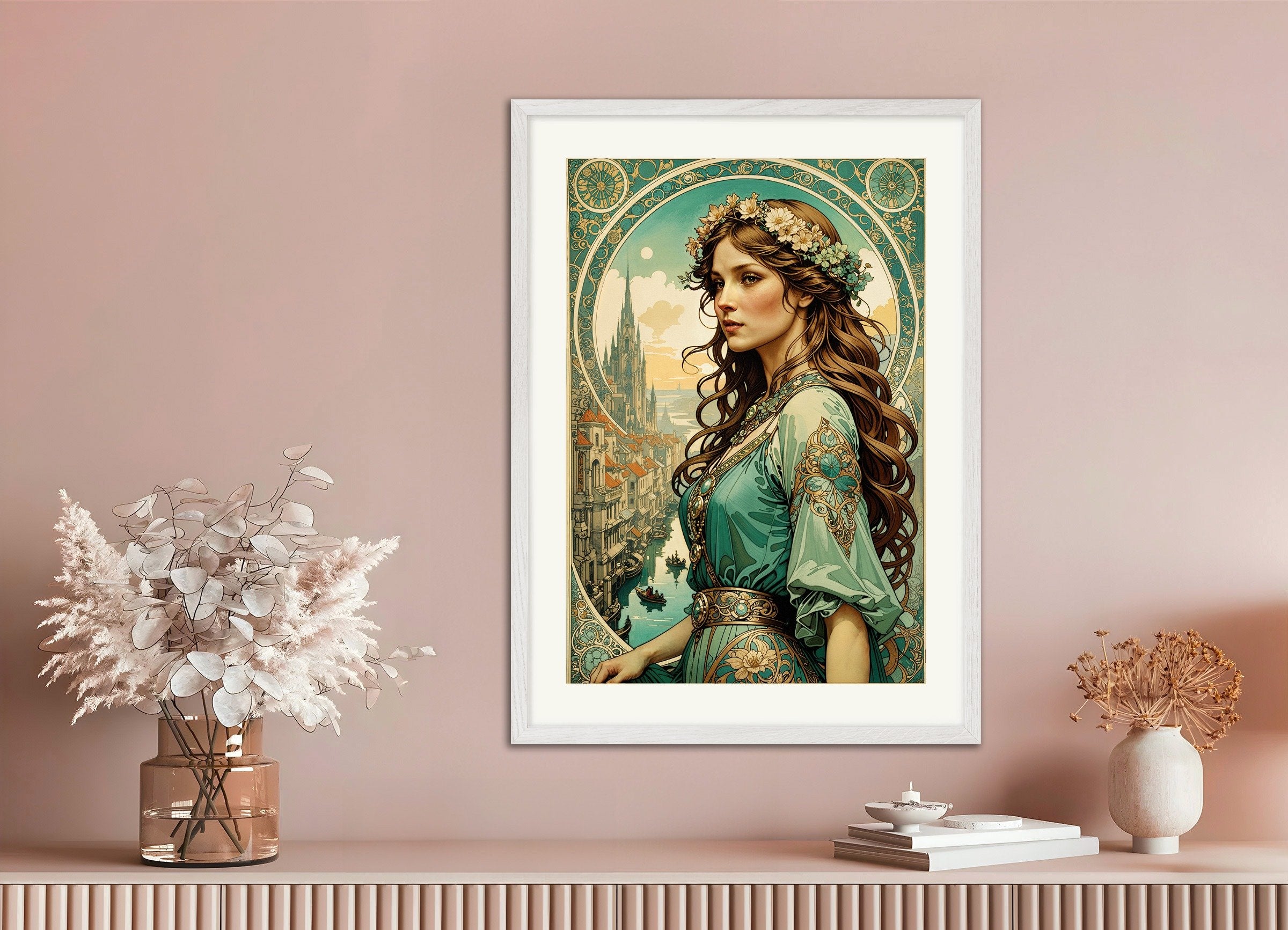 Poster of Art Nouveau Woman - Wall Art, with white wooden frame