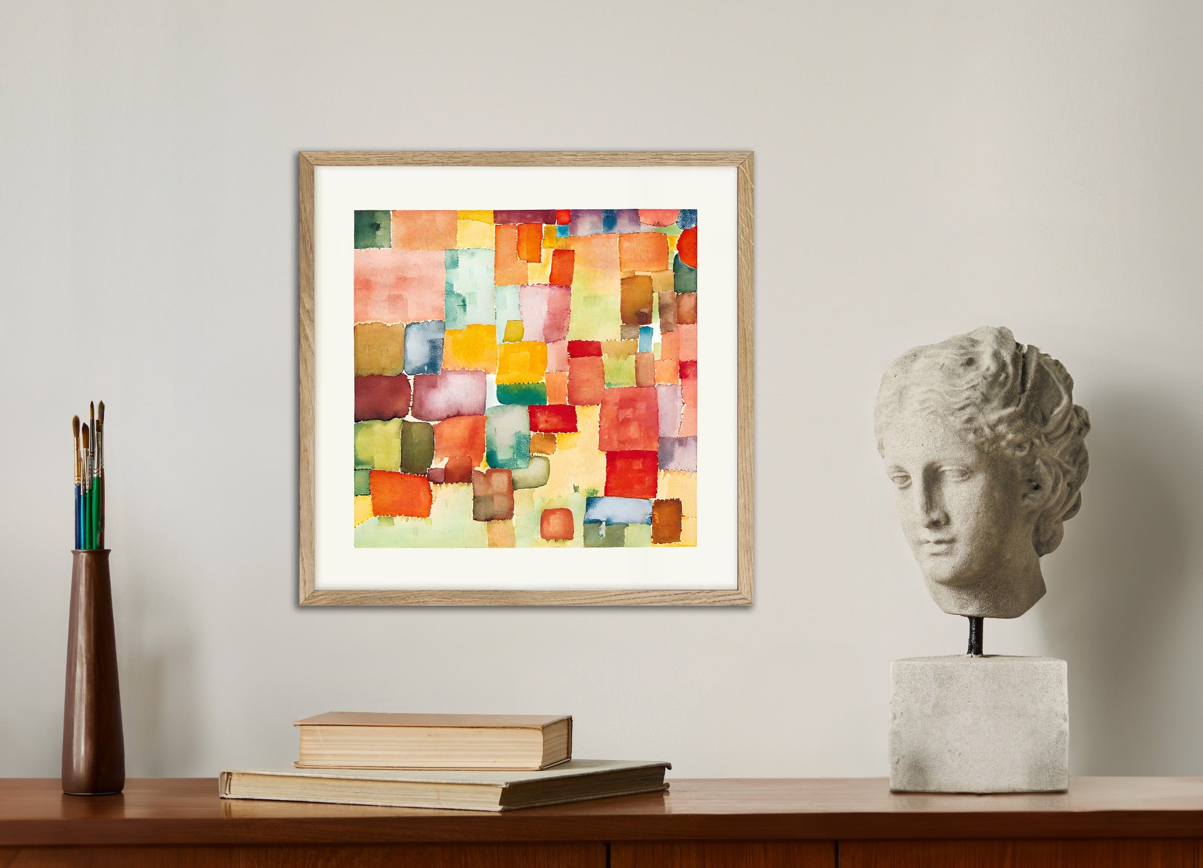 Poster with natural wood frame: Watercolor, colored squares