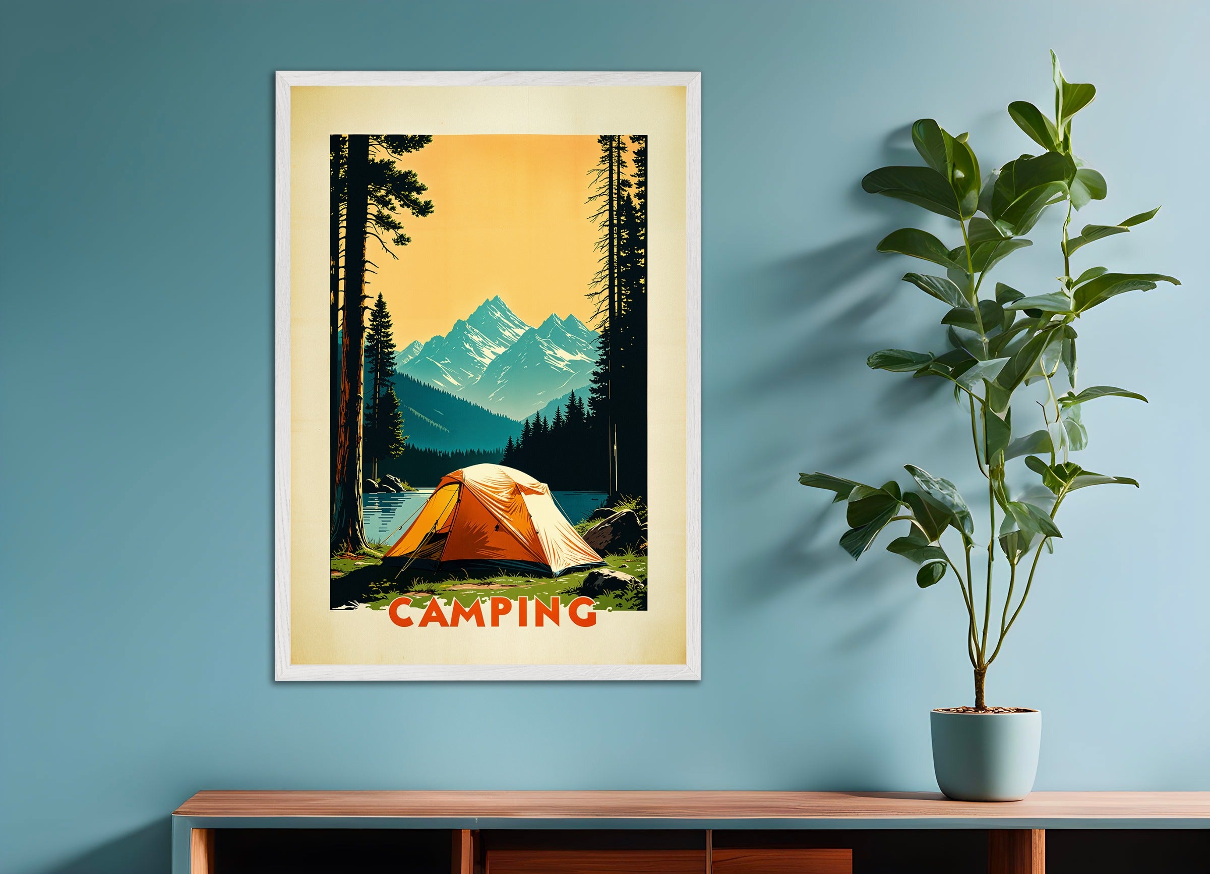 Poster with white wood frame: Nature, camping and mountains poster