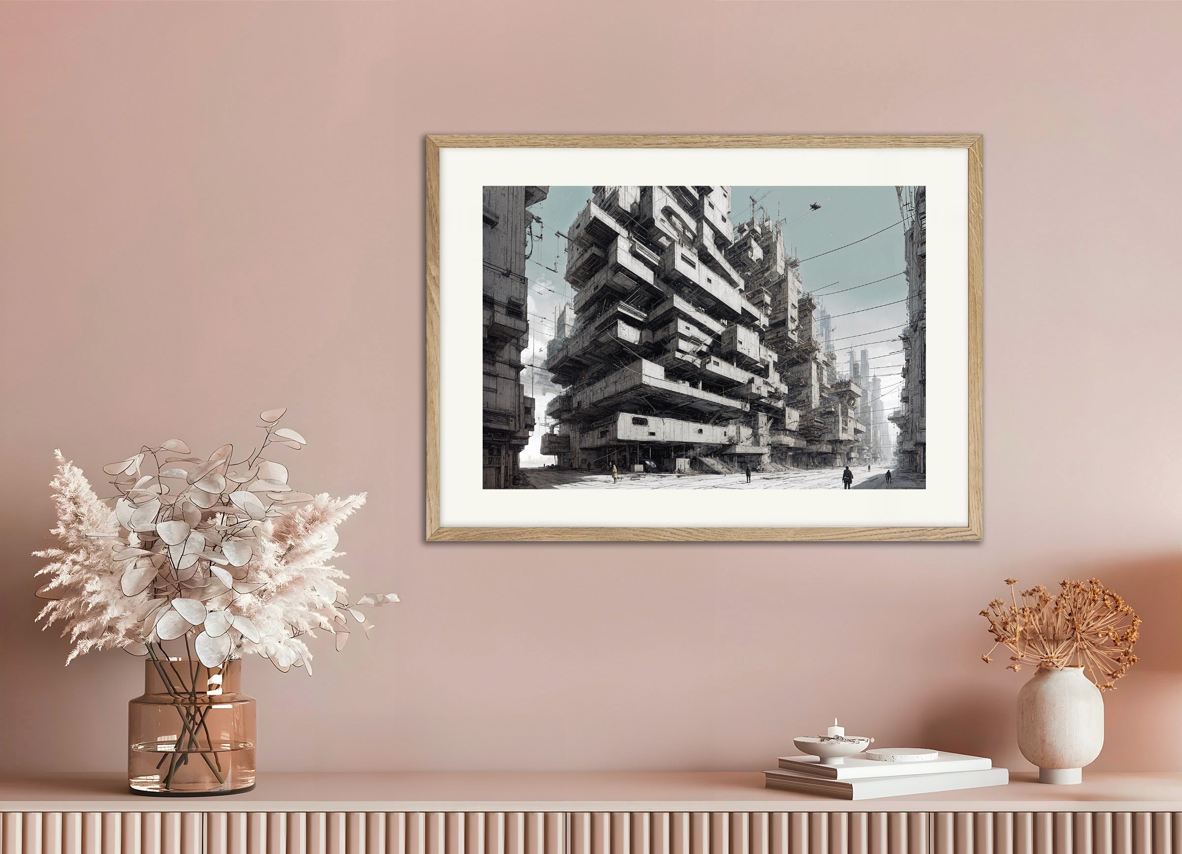 Poster with natural wood frame: Brutalist architecture, cybernetic city