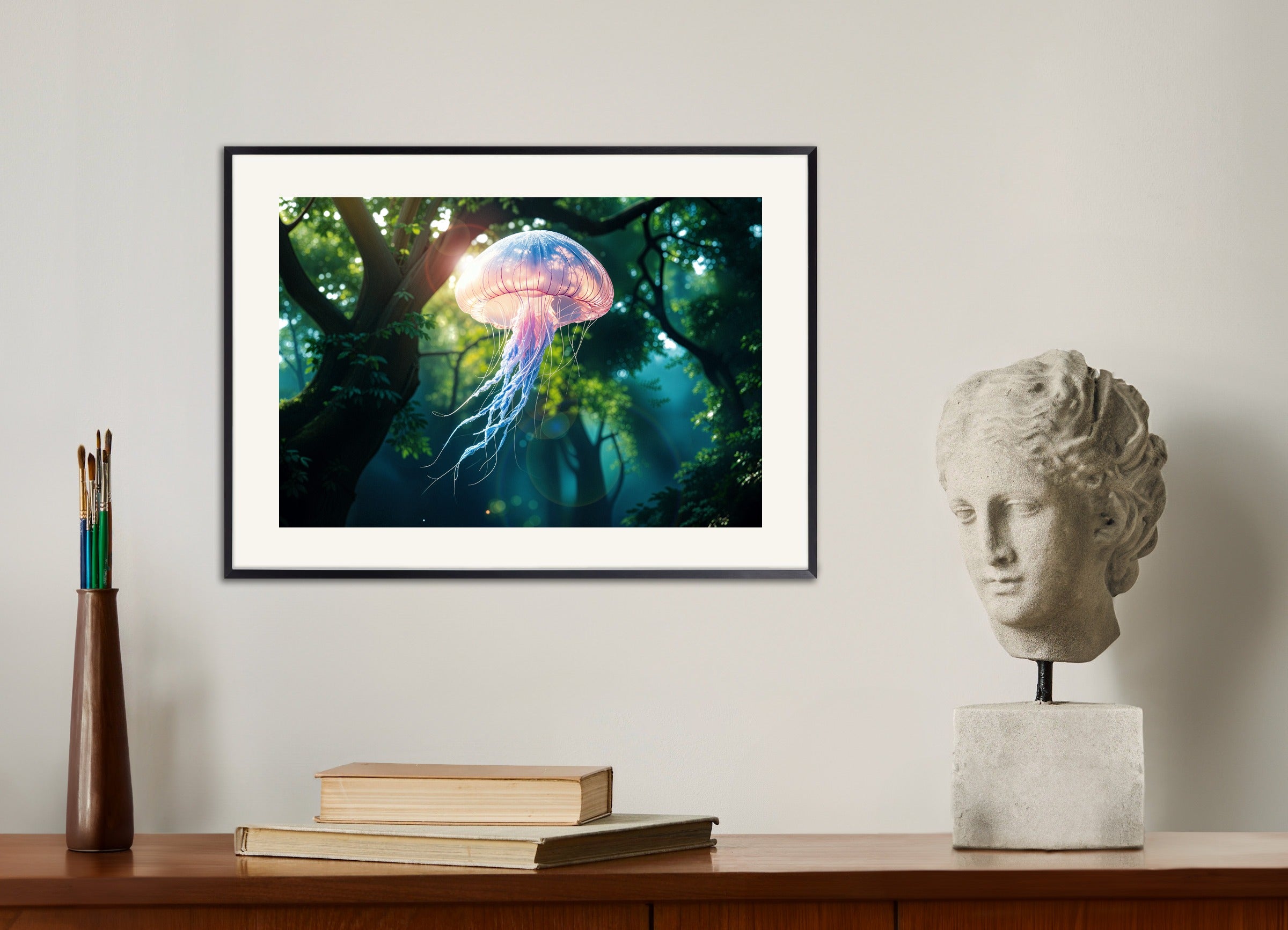 Poster with metal frame: Magical realism, luminescent jellyfish