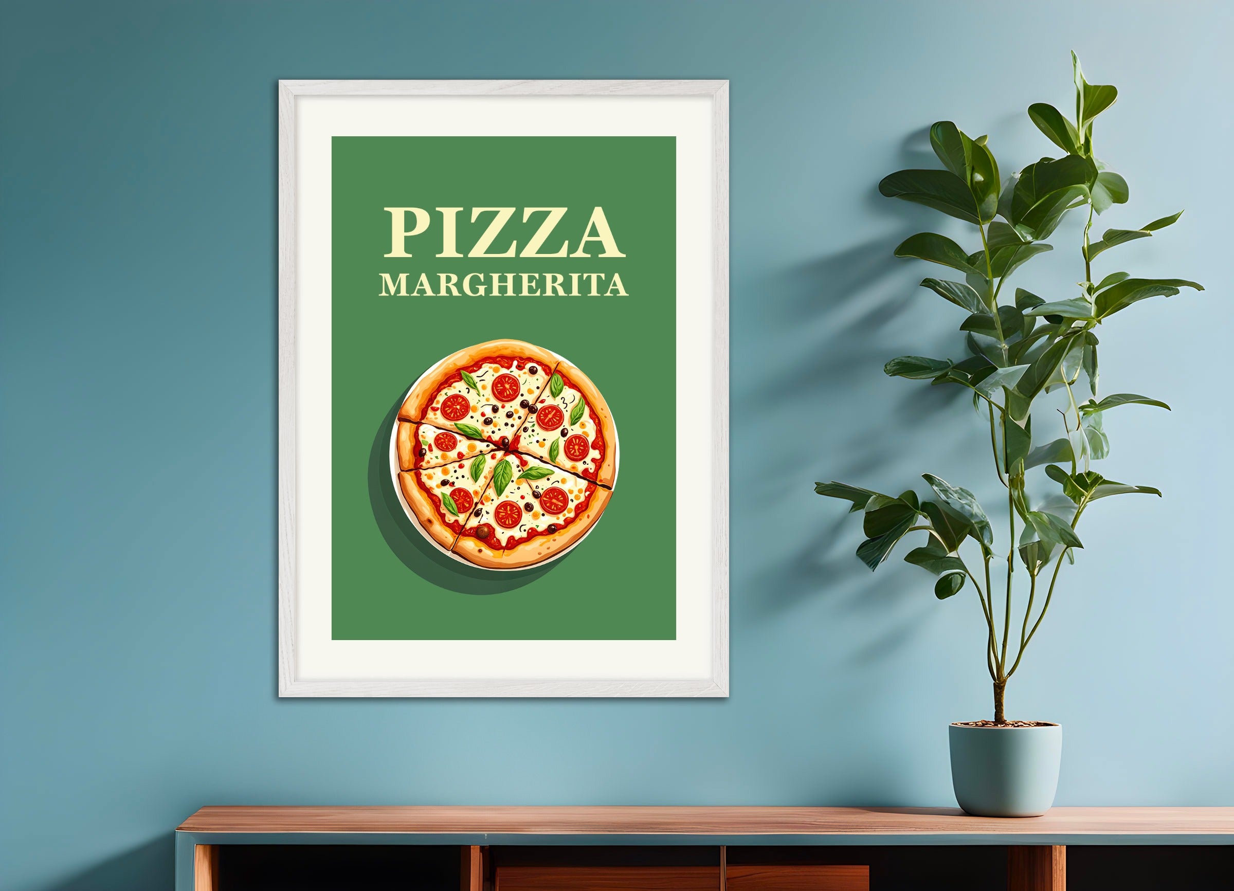 Poster with white wood frame: Pizza Margherita, Italian restaurant