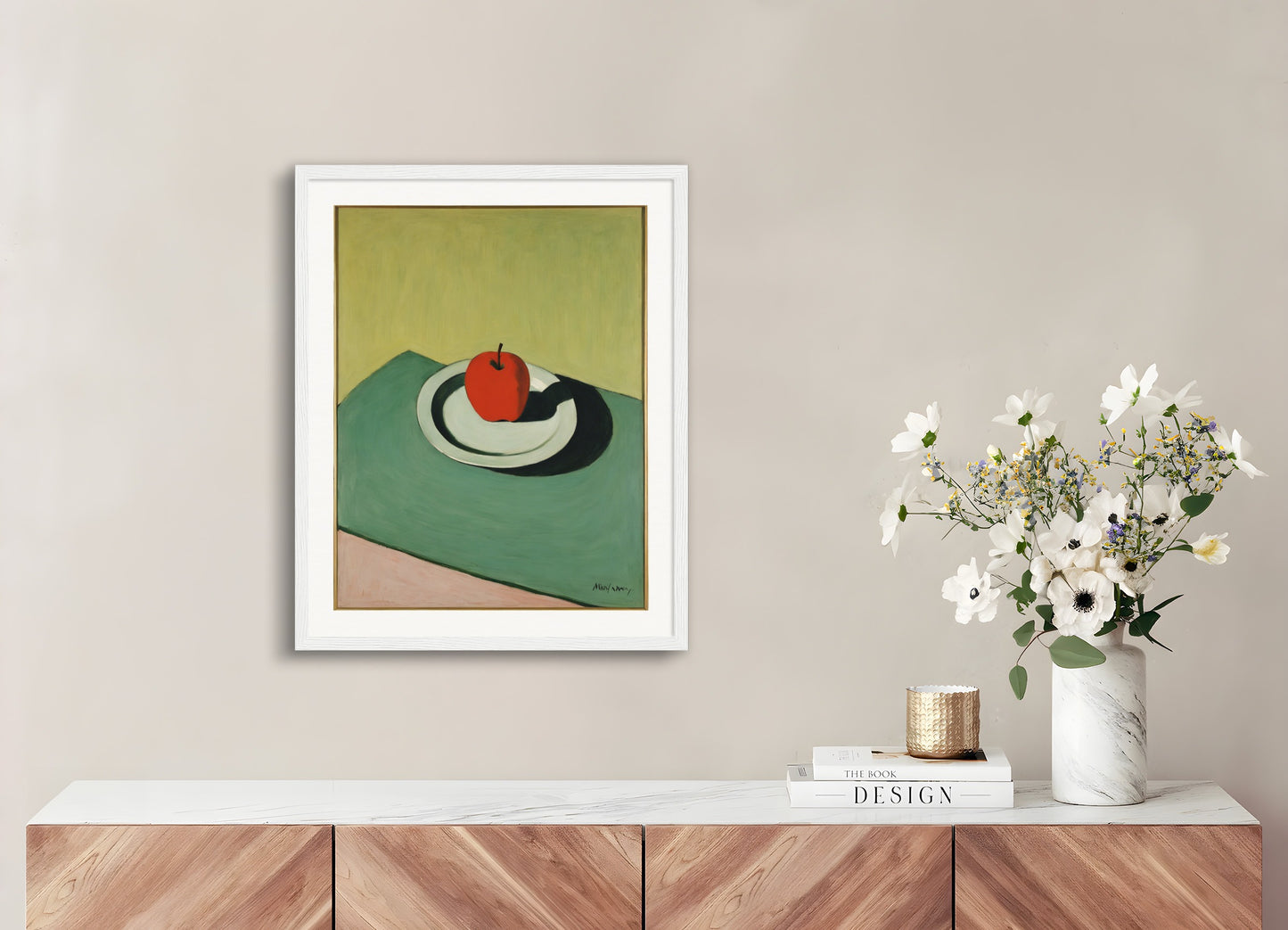 Poster with wood frame: American intimate figurative, abstract trend, Apple