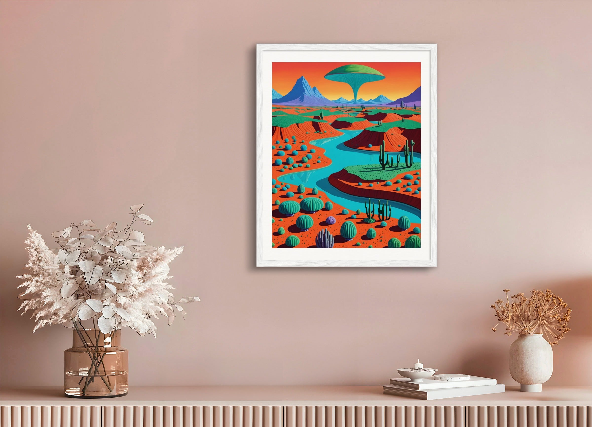 Poster with wood frame: American solar work blending pop art and hyperrealism, Exoplanet landscape