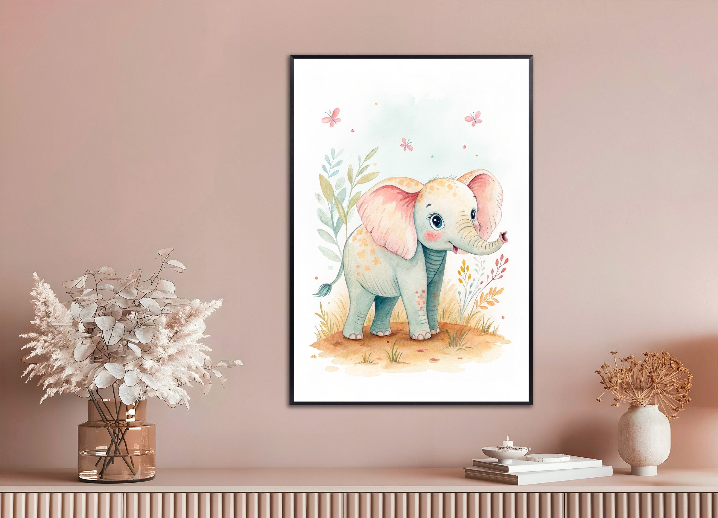 Baby Elephant Poster - Safari Nursery Wall Art, with metal frame