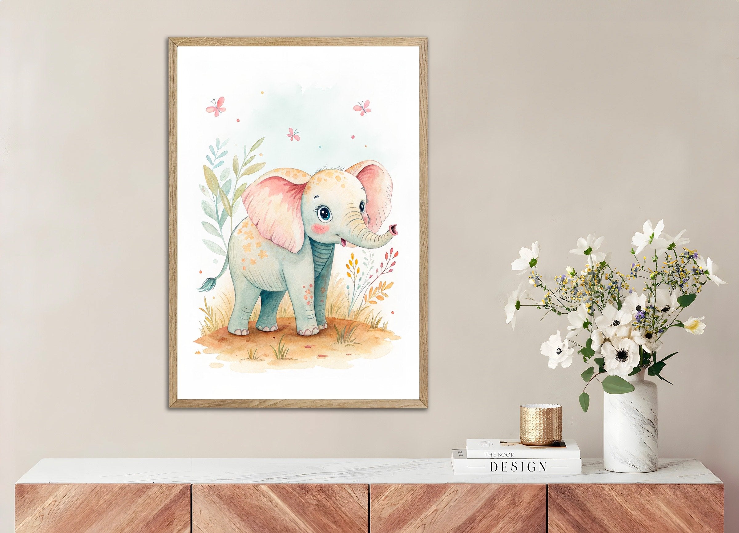 Baby Elephant Poster - Safari Nursery Wall Art, with natural wooden frame