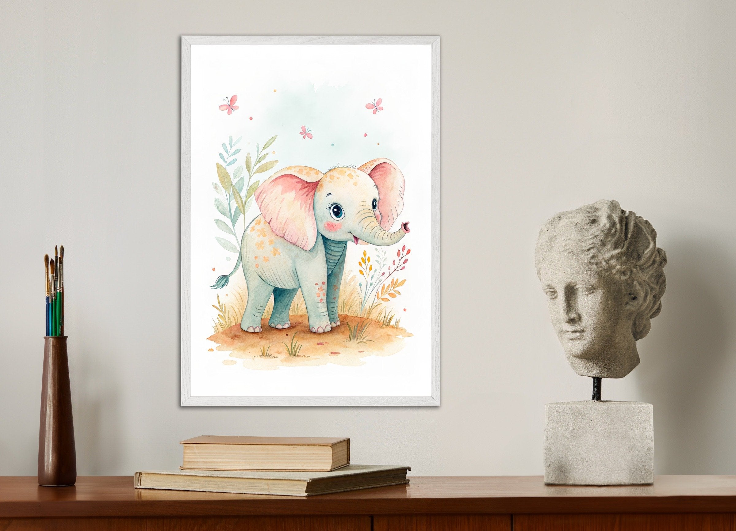 Baby Elephant Poster - Safari Nursery Wall Art, with white wooden frame