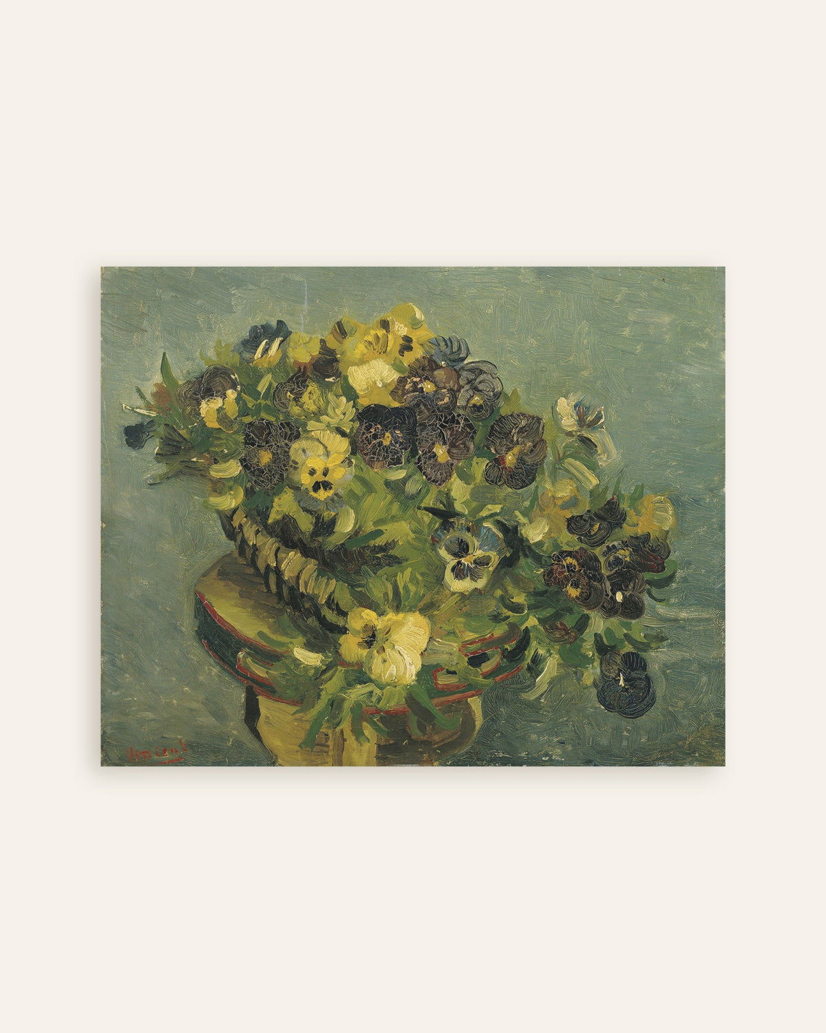 Poster av Kurv med stemorsblomster på et lite bord (1887) av Vincent van Gogh, miniatyrbilde