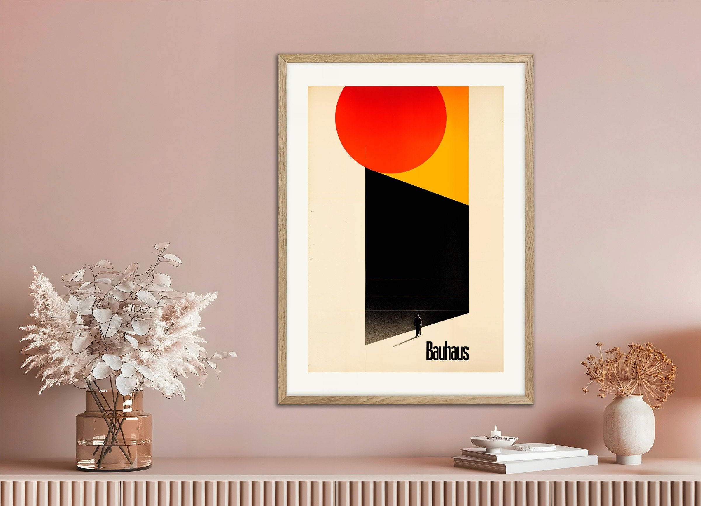 Poster of Bauhaus poster, facing the unknown, with natural wooden frame