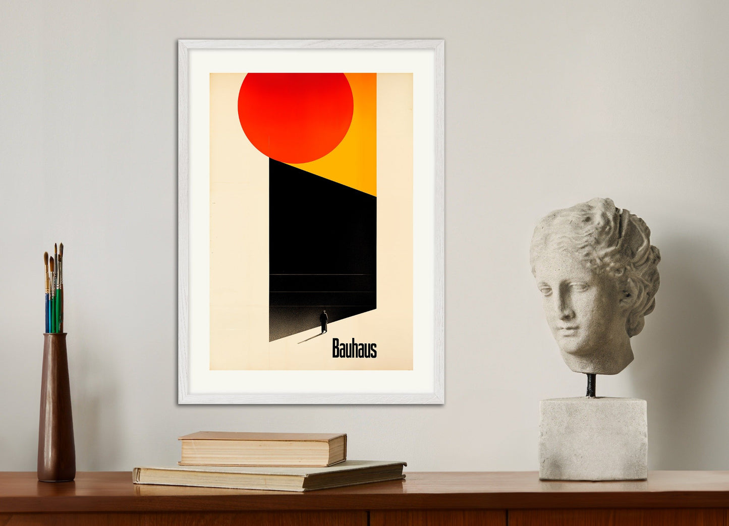 Poster of Bauhaus poster, facing the unknown, with white wooden frame