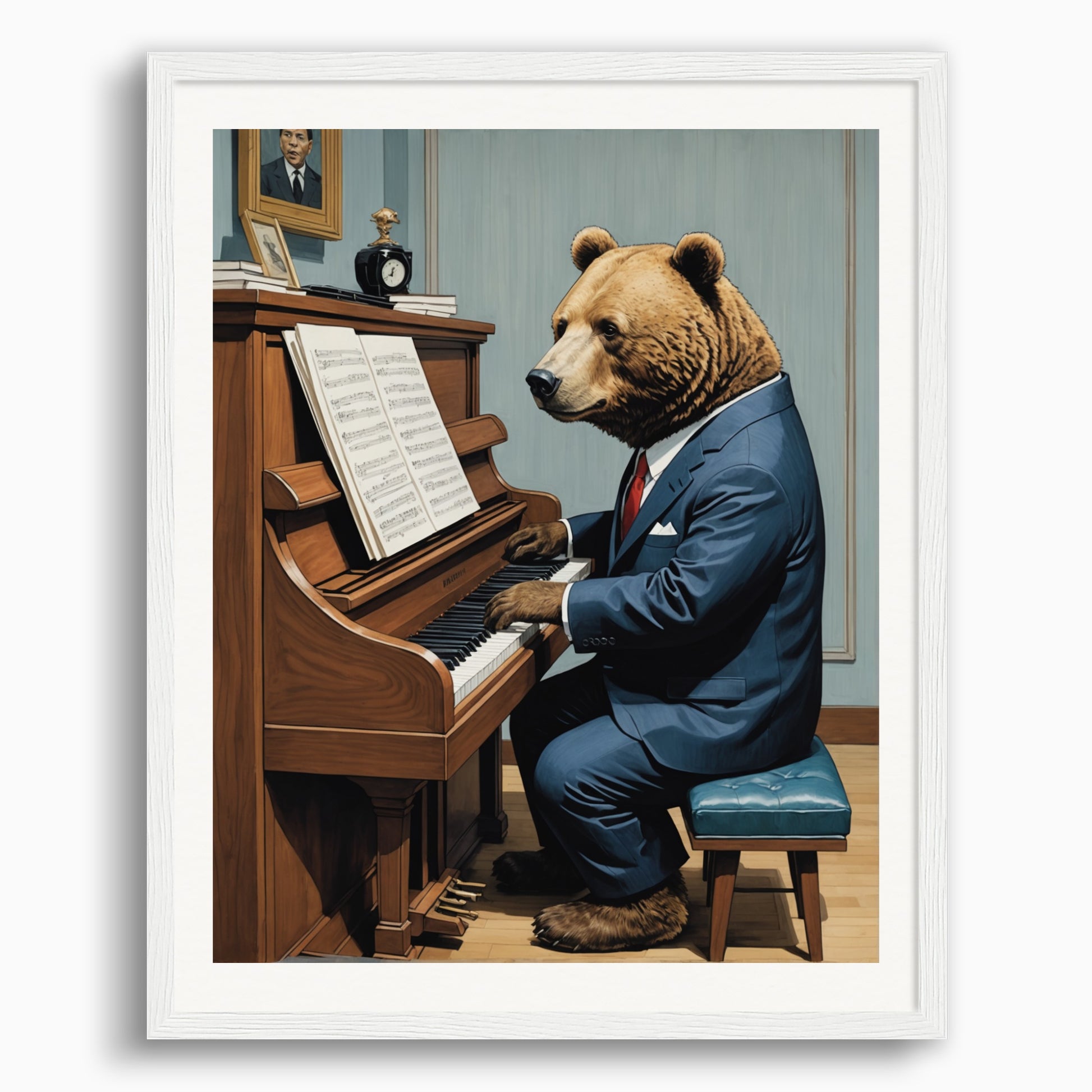 Poster: Contemporary Japanese kawaii artist, bear in suit plays piano