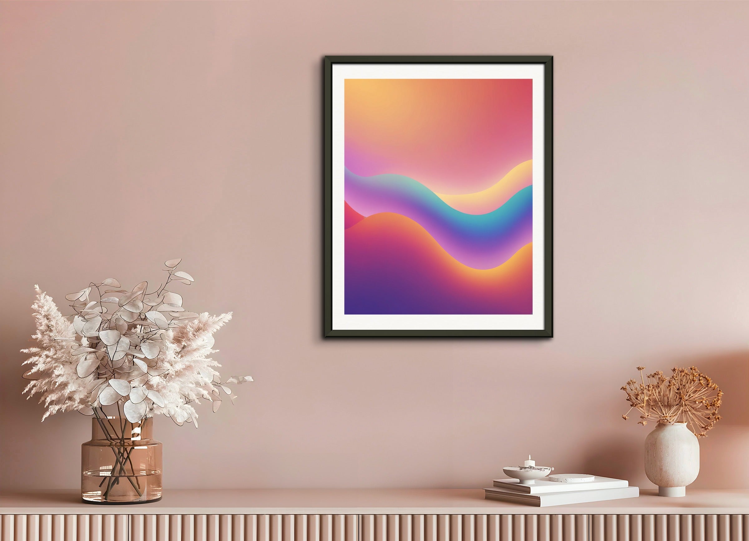 Poster with metal frame: Abstract gradient with a soft, blurred effect, and colors blending seamlessly., Minimalistic and calming, with a warm, glowing ambiance.