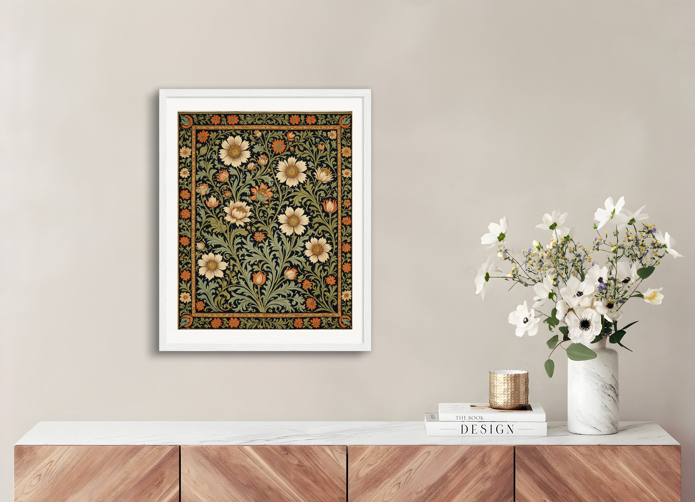 Poster with wood frame: Motifs, floral decoration of 19th century English crafts, tapestry