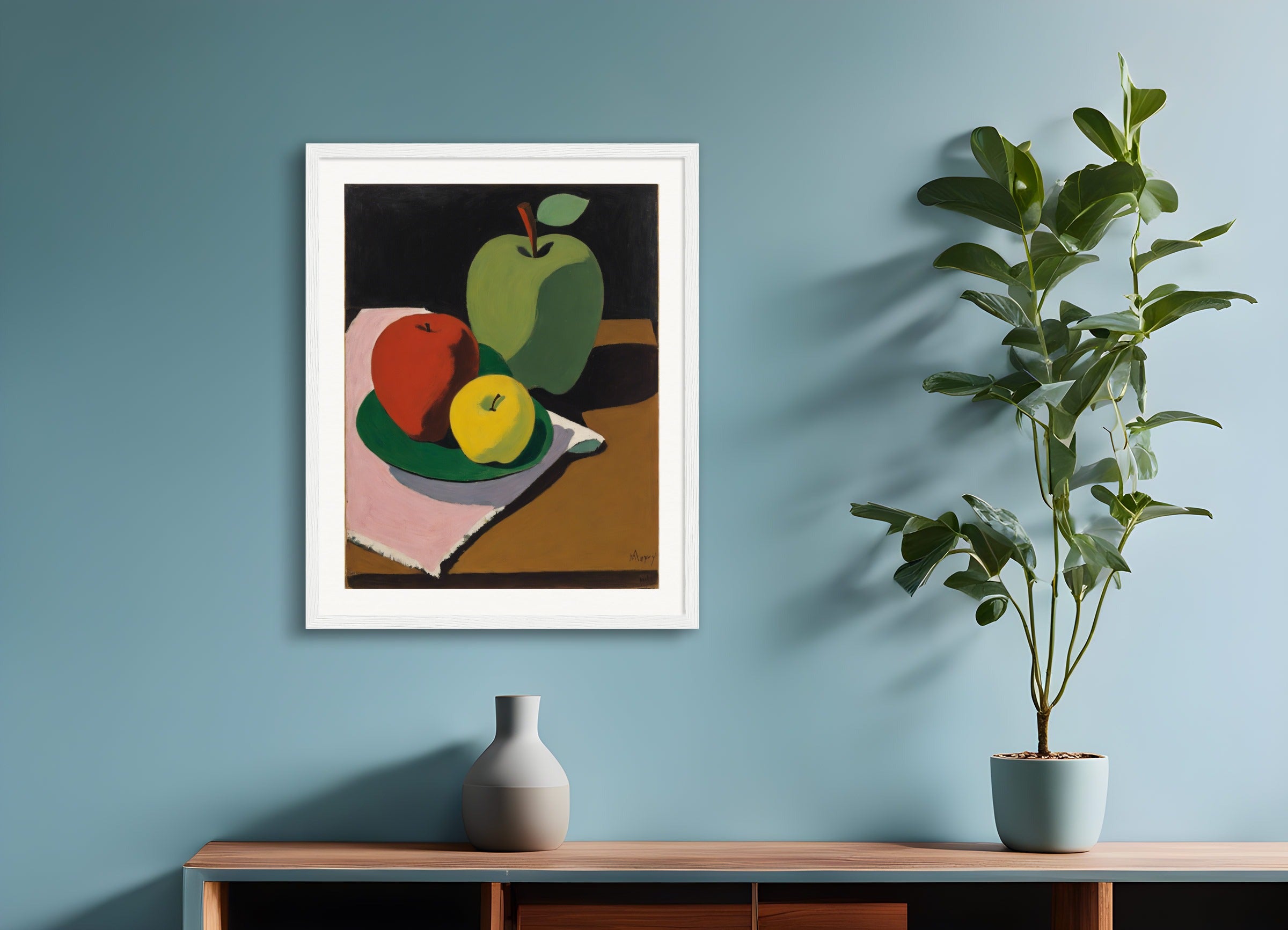 Poster with wood frame: American intimate figurative, abstract trend, Apple