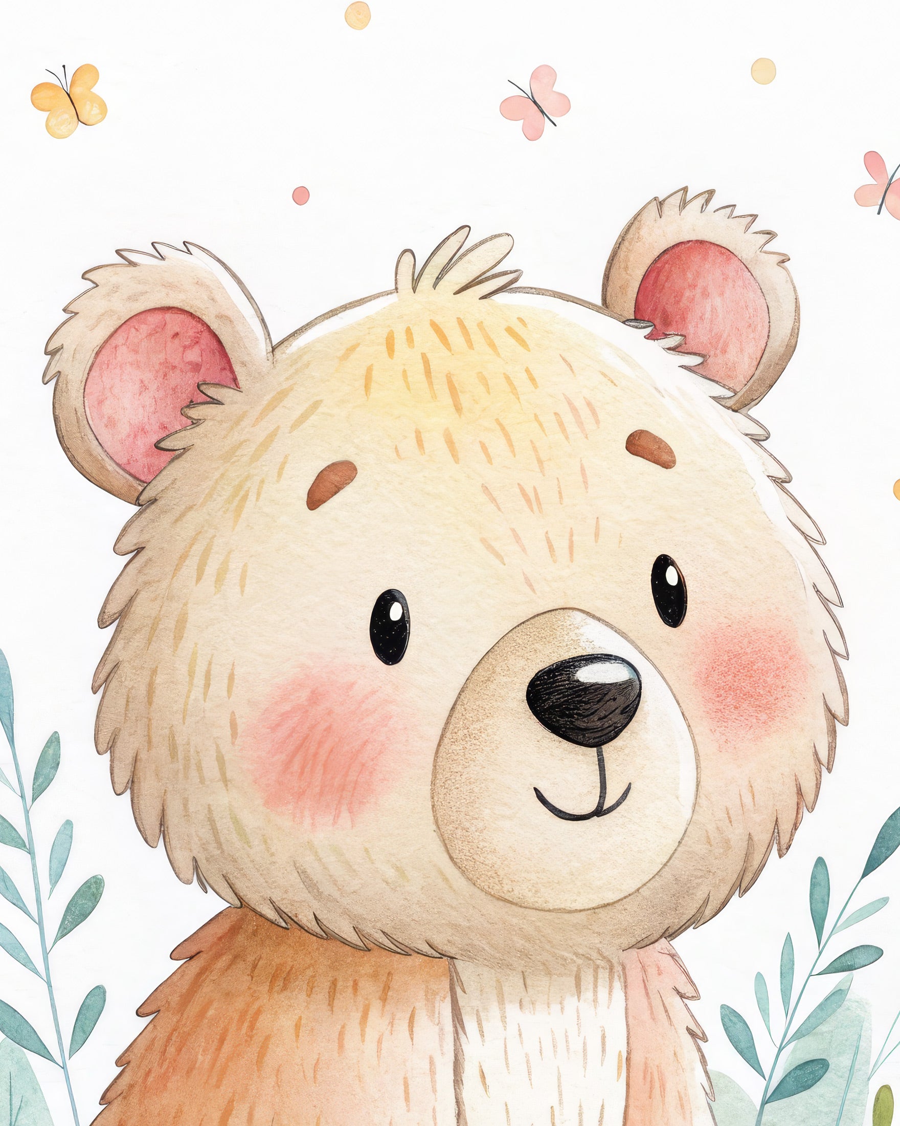 Illustration of a cute bear with pink cheeks and black eyes, surrounded by butterflies and leaves on a light background.