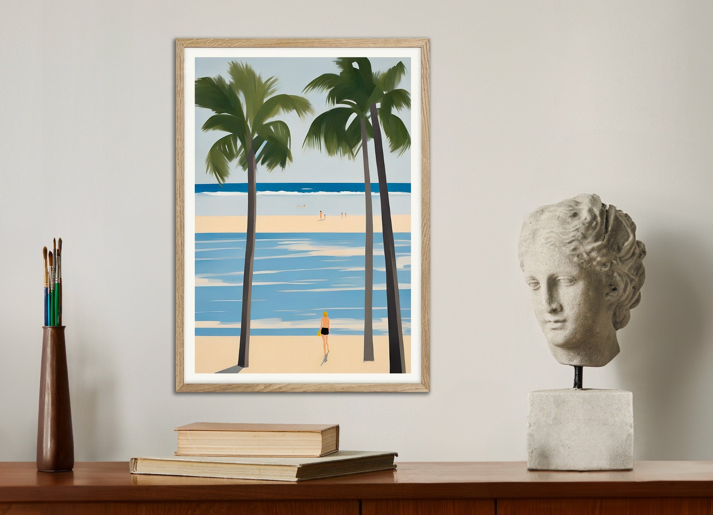 Poster of Beautiful Days at the Beach - Palm Tree Paradise Art Print, with natural wooden frame