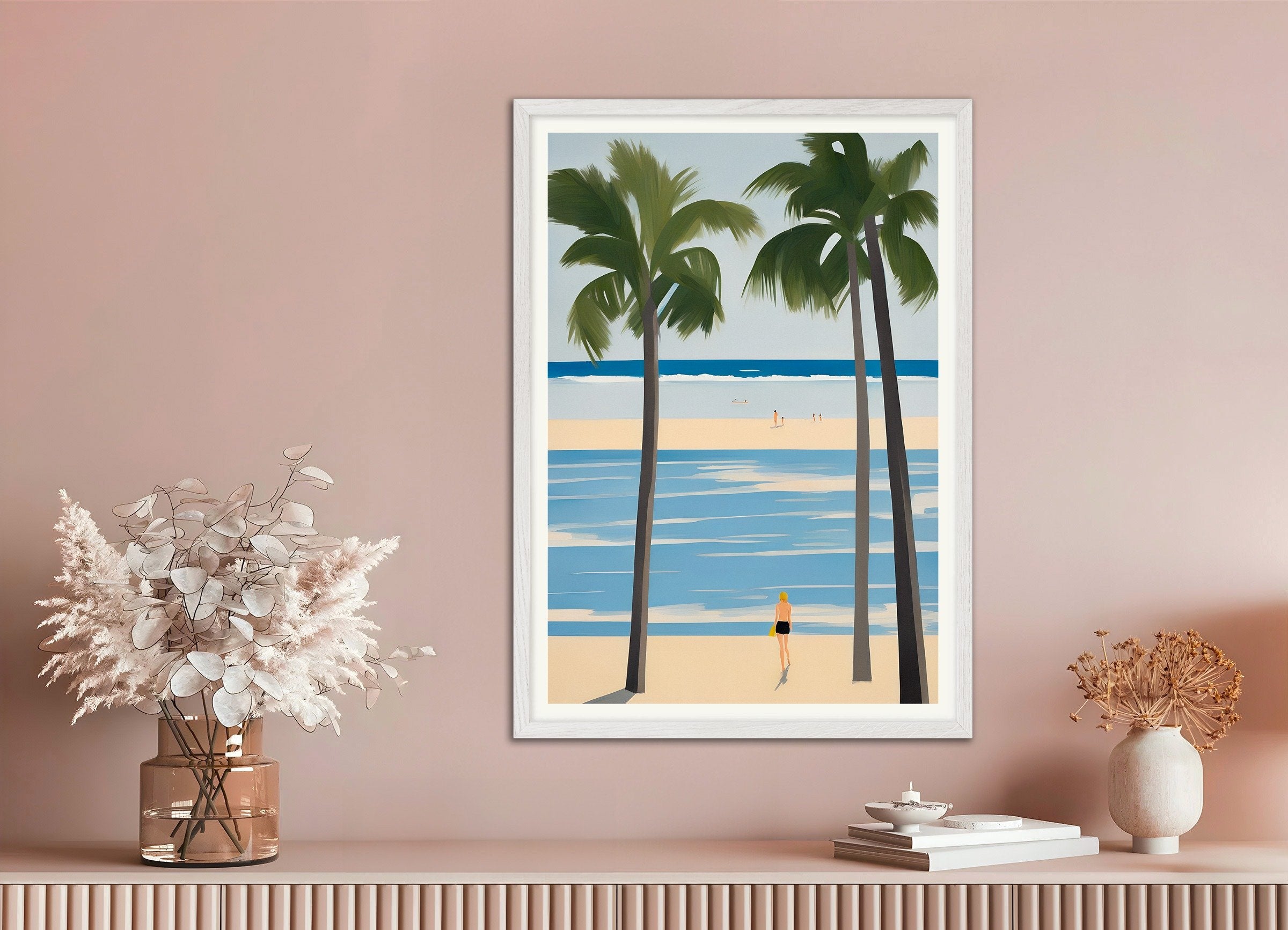 Poster of Beautiful Days at the Beach - Palm Tree Paradise Art Print, with white wooden frame