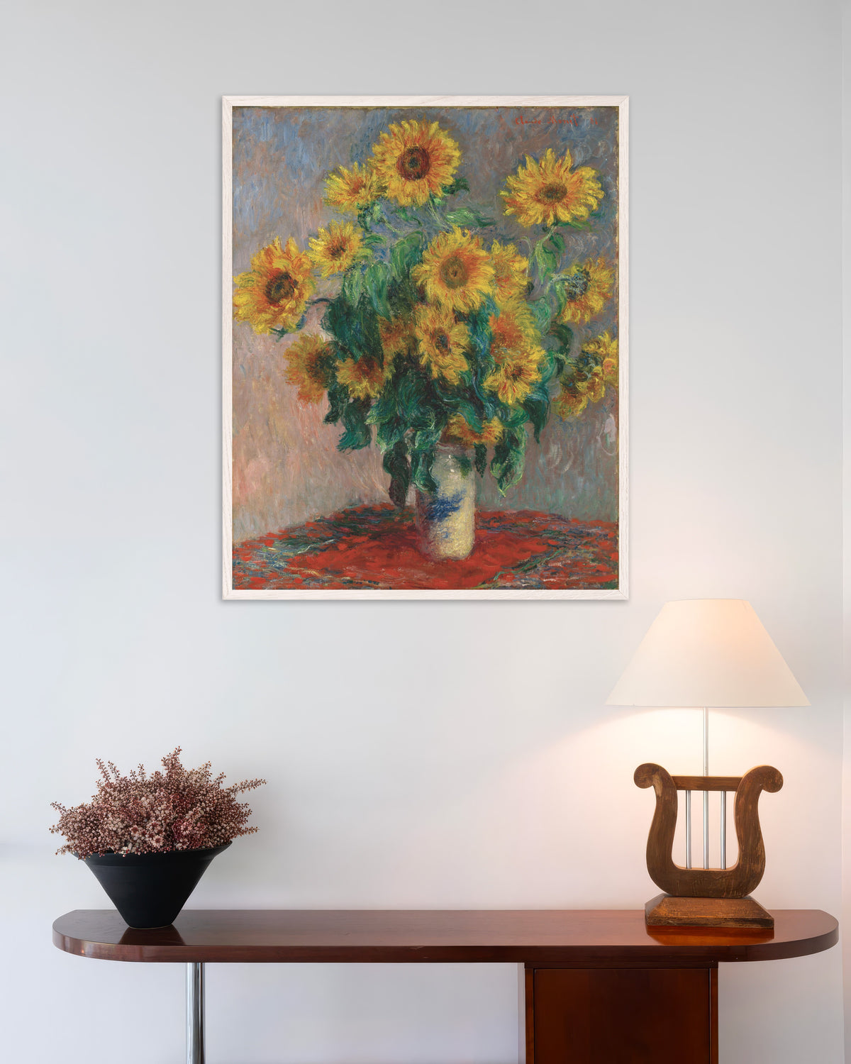 Plakat Bukett med solsikker (1881) av Claude Monet med hvit treramme