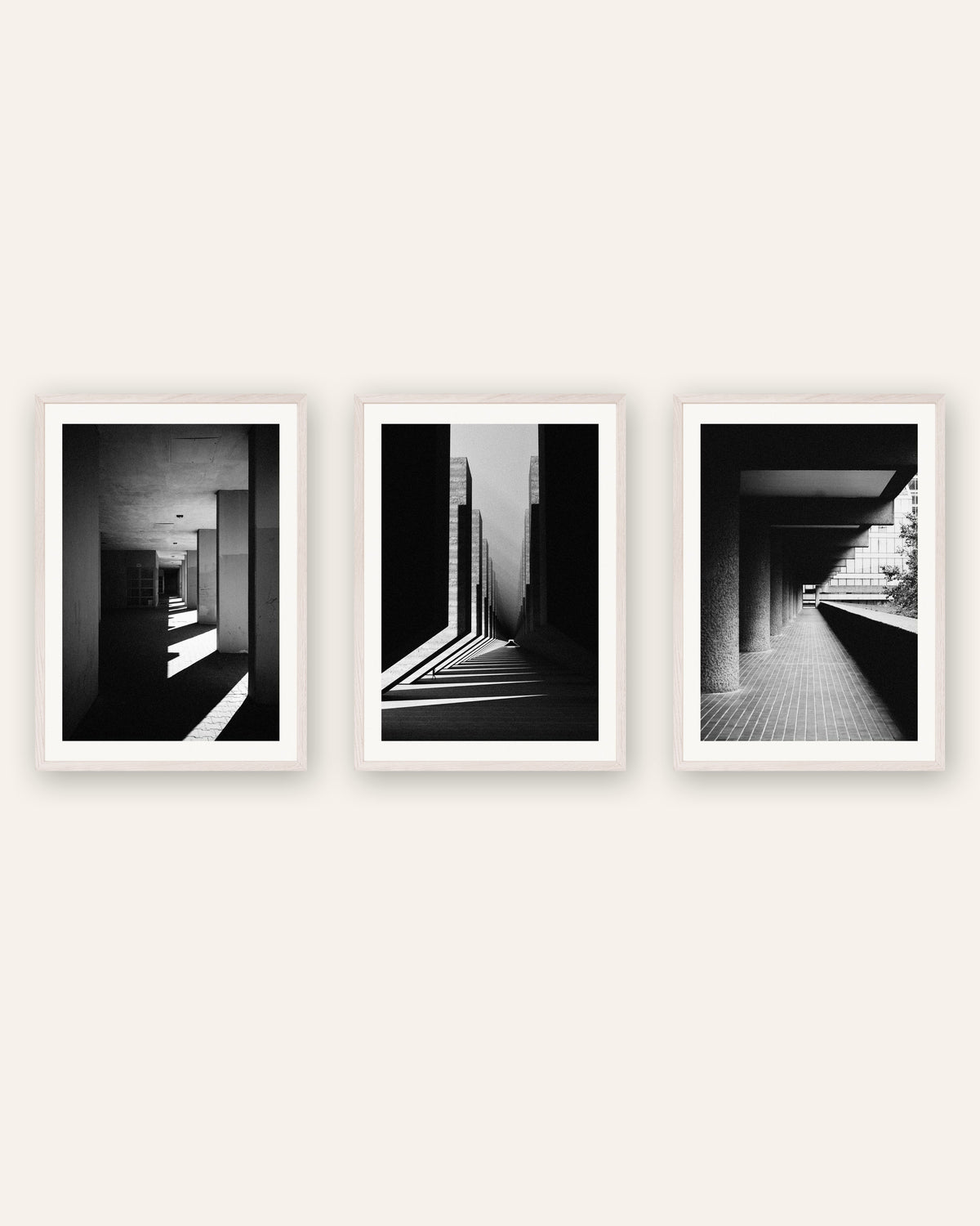 Brutalist Posters Set of 3 – Light and Shadow, prints in white oak frames