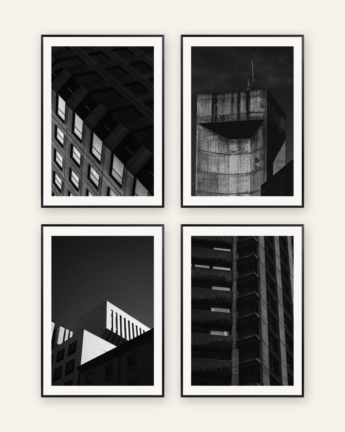 Brutalist Posters Set of 4 – Concrete at Night, prints in black metal frames