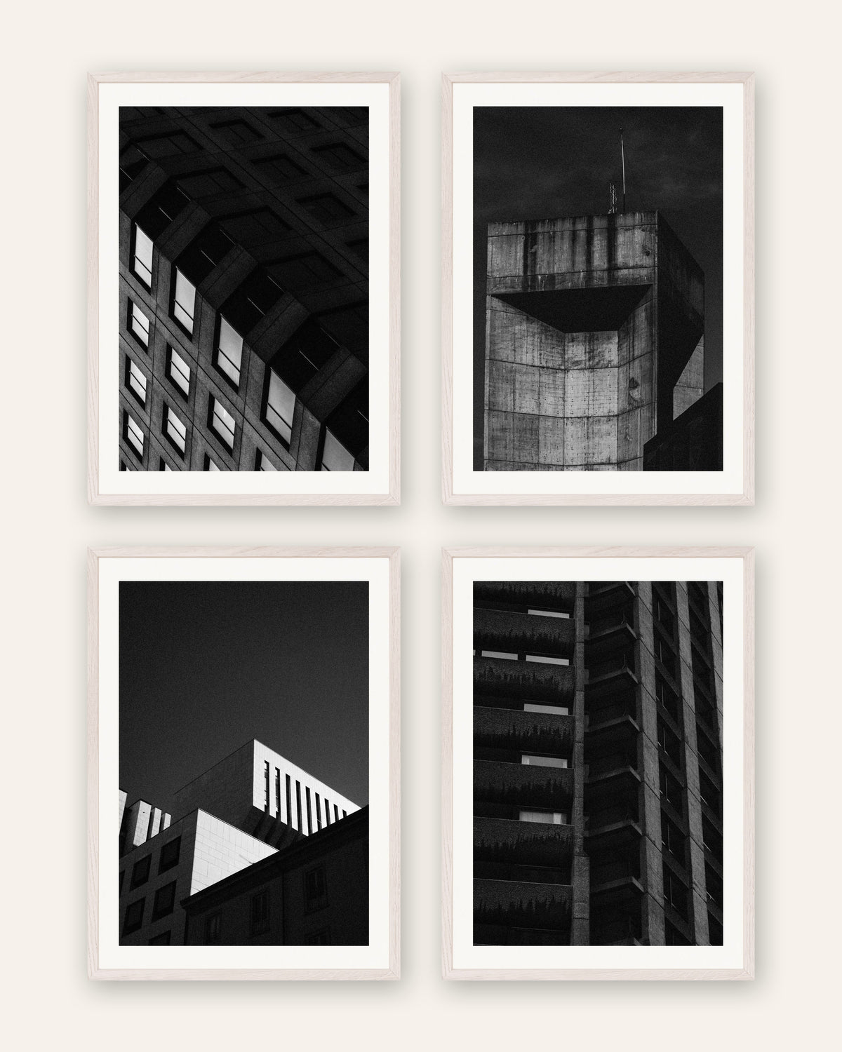 Brutalist Posters Set of 4 – Concrete at Night, prints in white oak frames