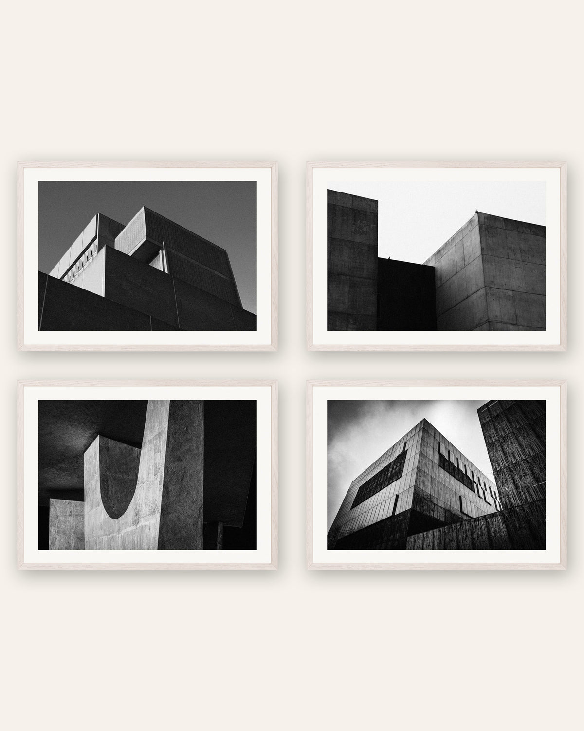 Brutalist Posters Set of 4 – Minimal Concrete Volumes, prints in white oak frames