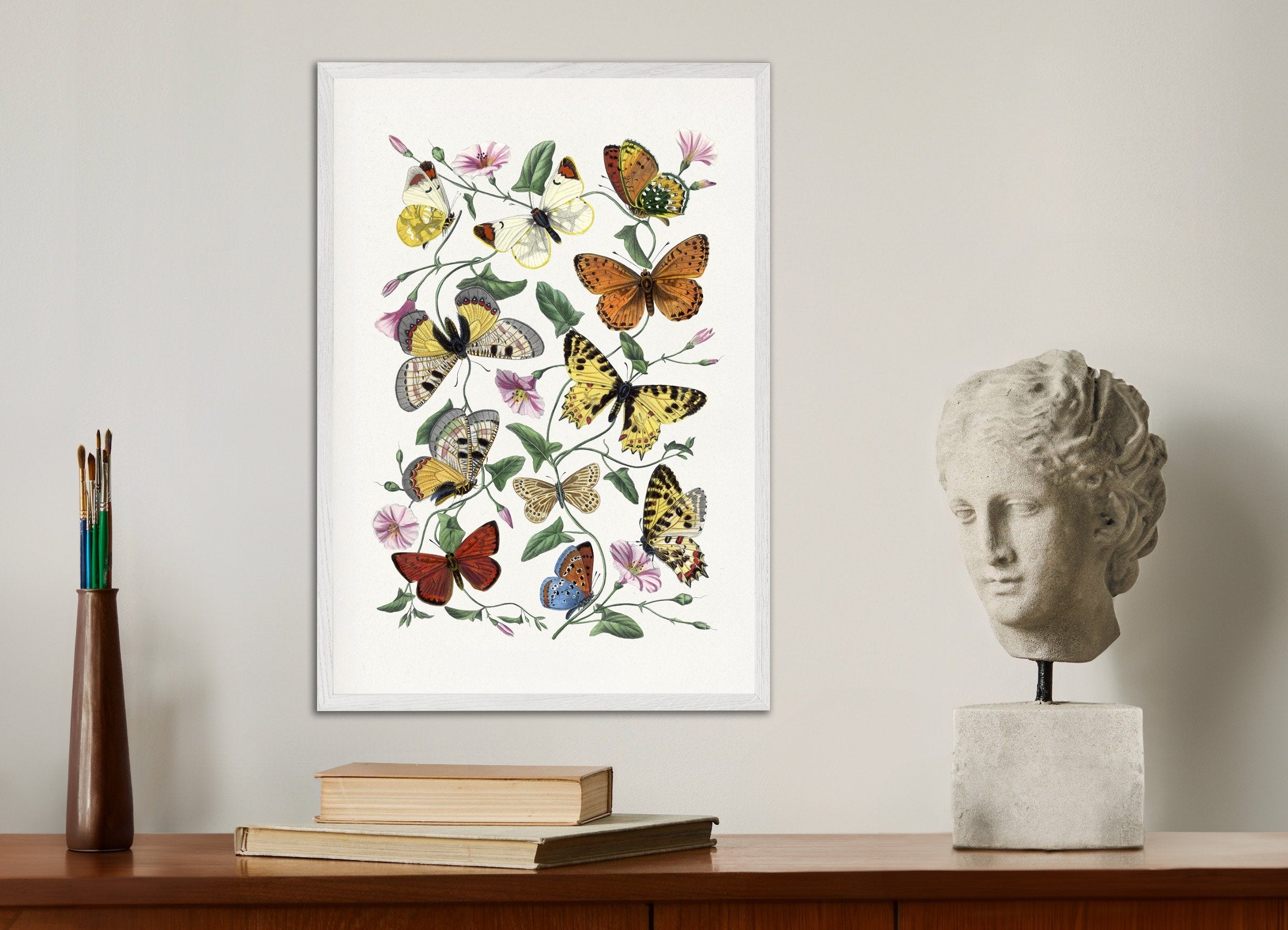 Poster of Butterflies poster, Vintage Art, with white wooden frame