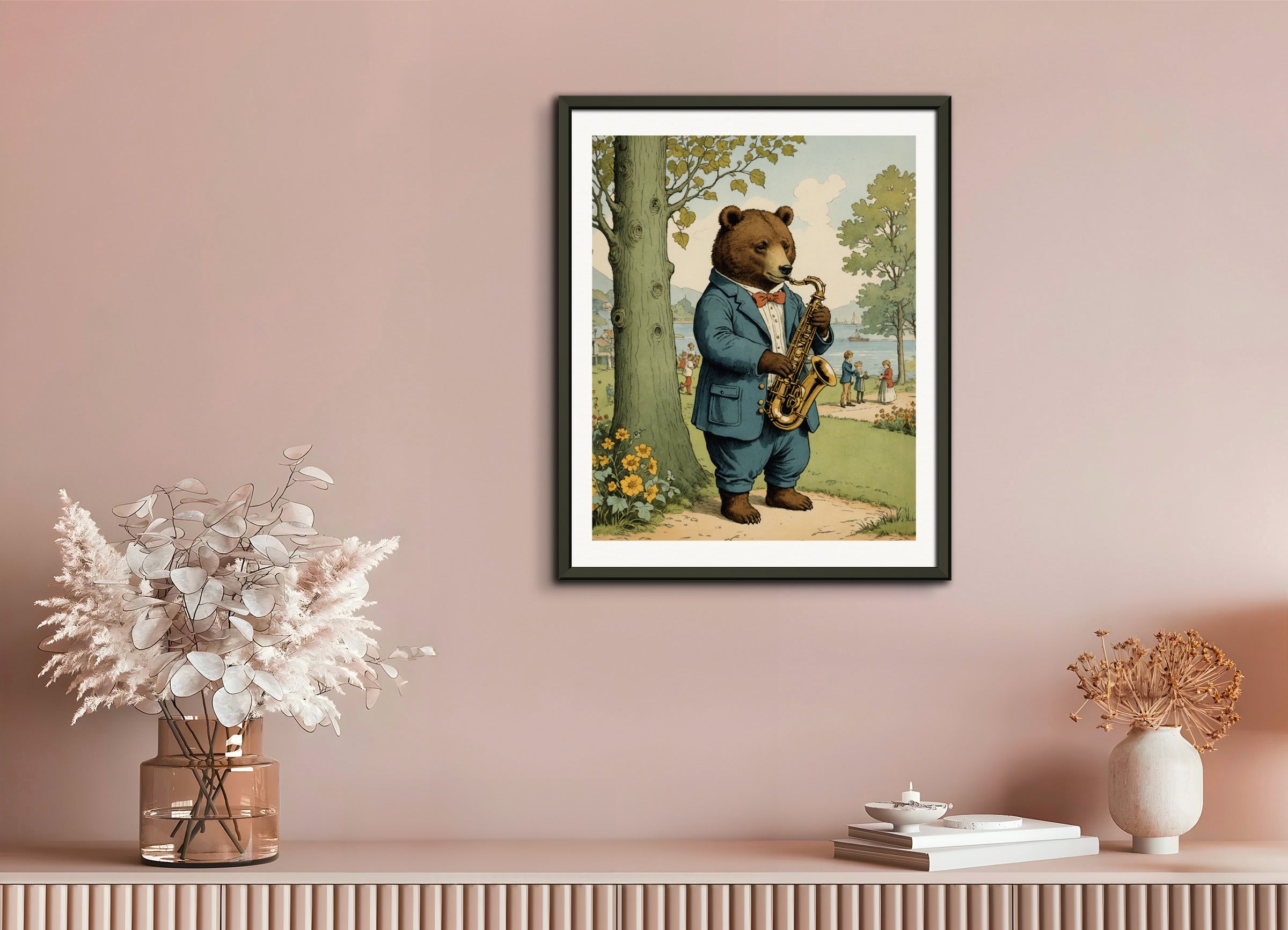 Poster with metal frame: British illustrations, innocent and nostalgic childhood, a bear plays the saxophone