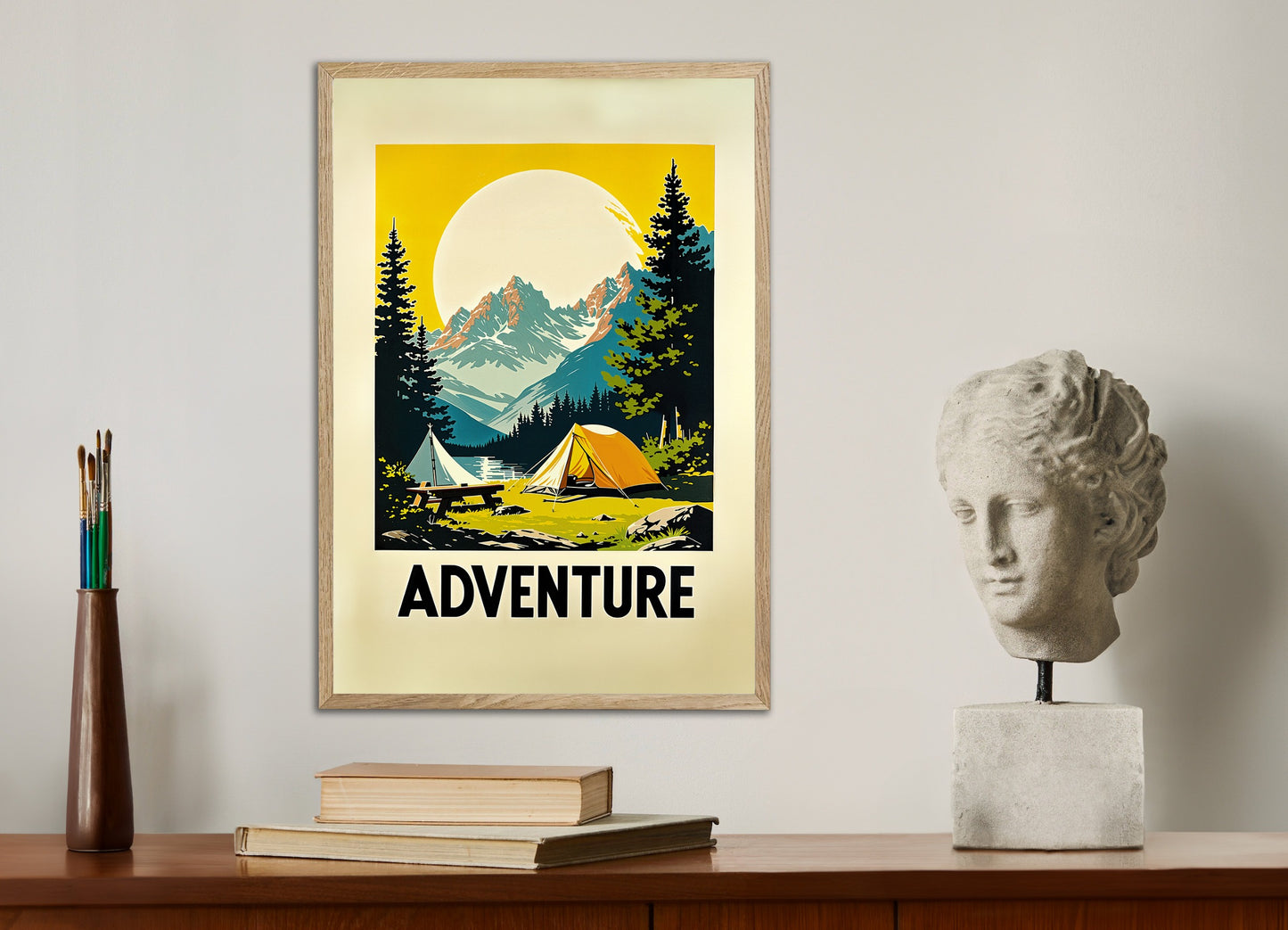 Poster with natural wood frame: Nature, wild camping and adventure poster