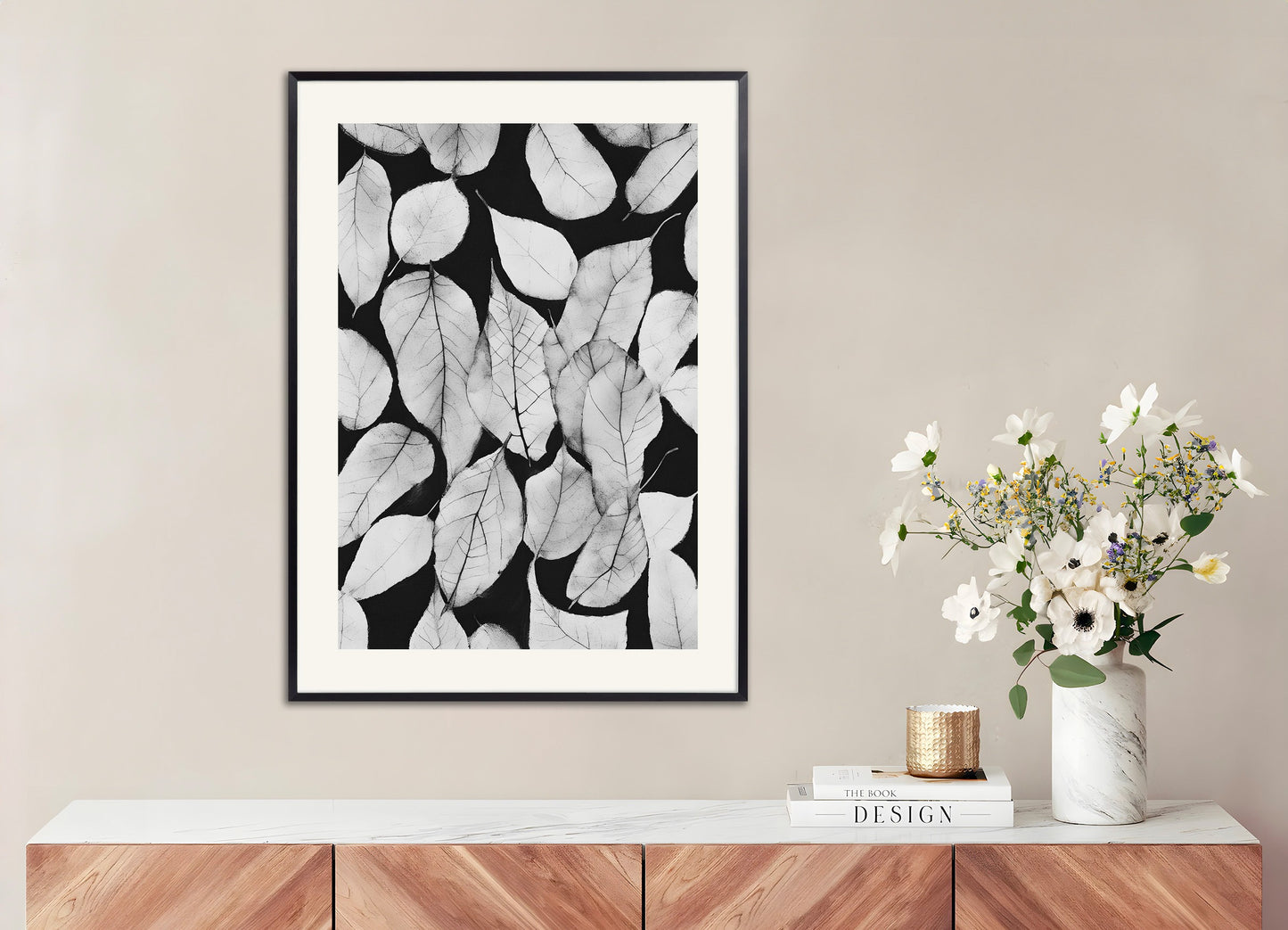 Poster with metal frame: Dead leaves, black and white