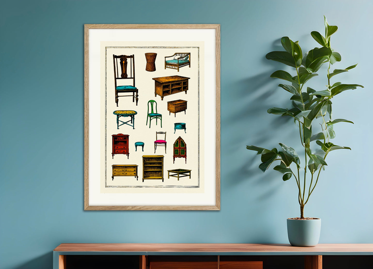 Poster with natural wood frame: Flea market poster, furniture and objects