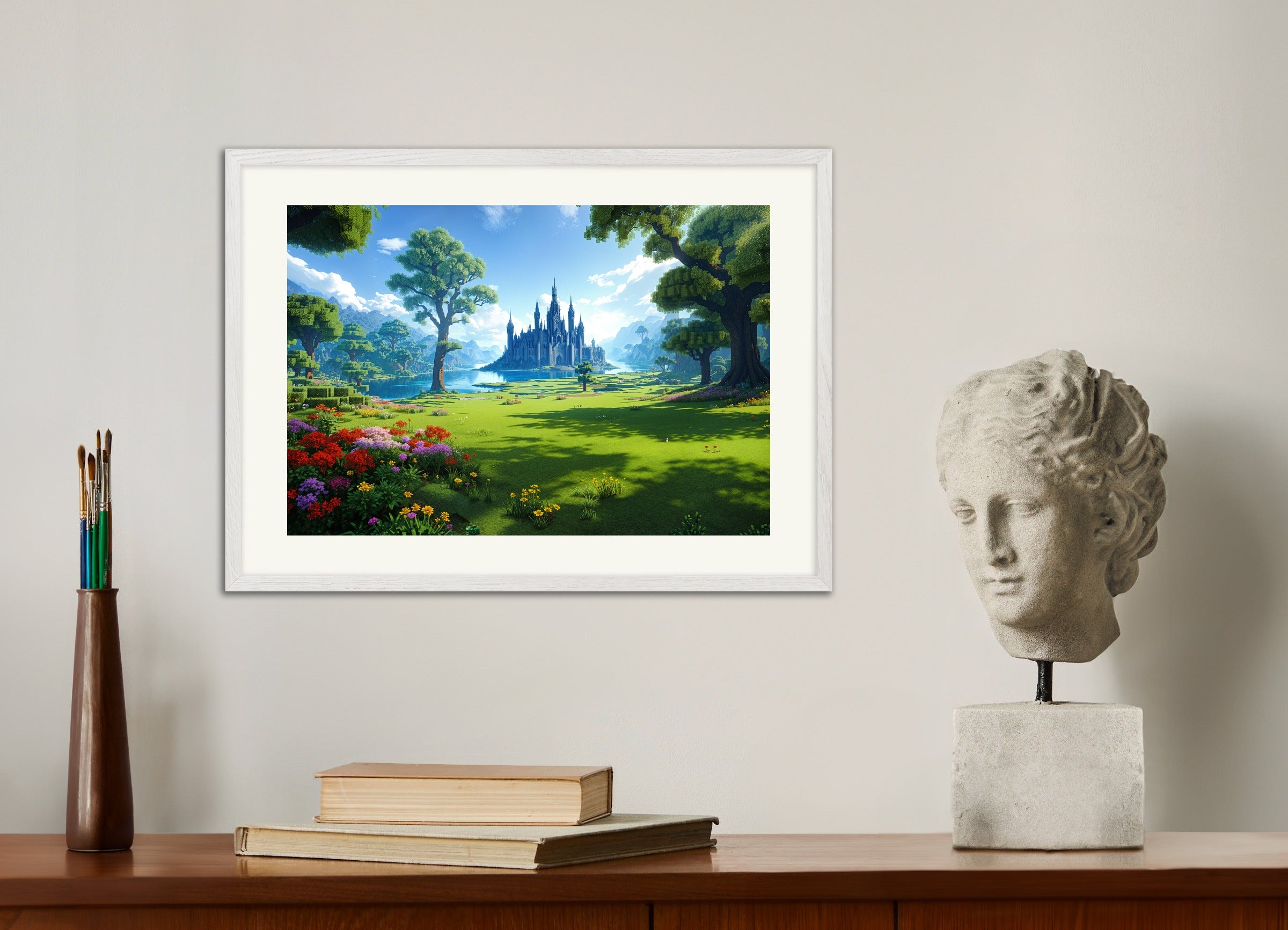 Poster with white wood frame: Minecraft castle, beautiful landscape