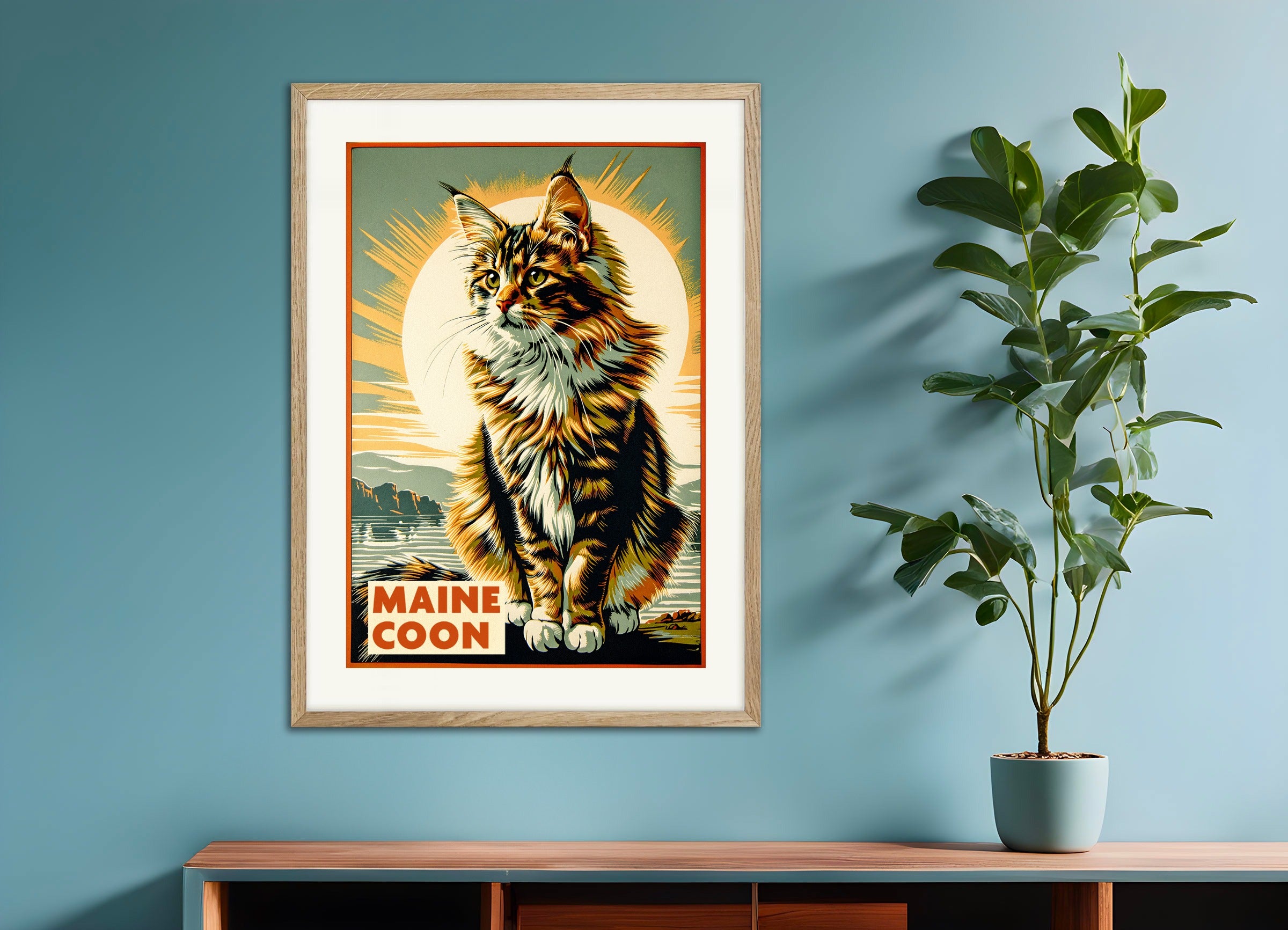 Poster with natural wood frame: Maine Coon cat - Vintage