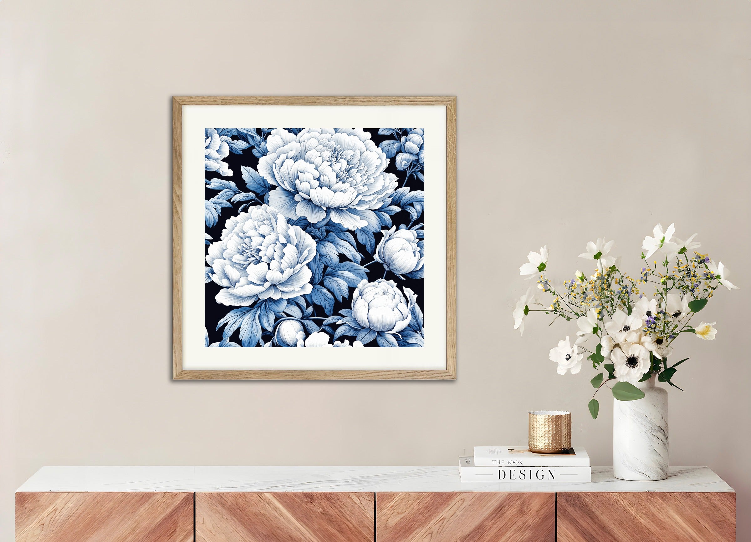 Poster with natural wood frame: Peonies