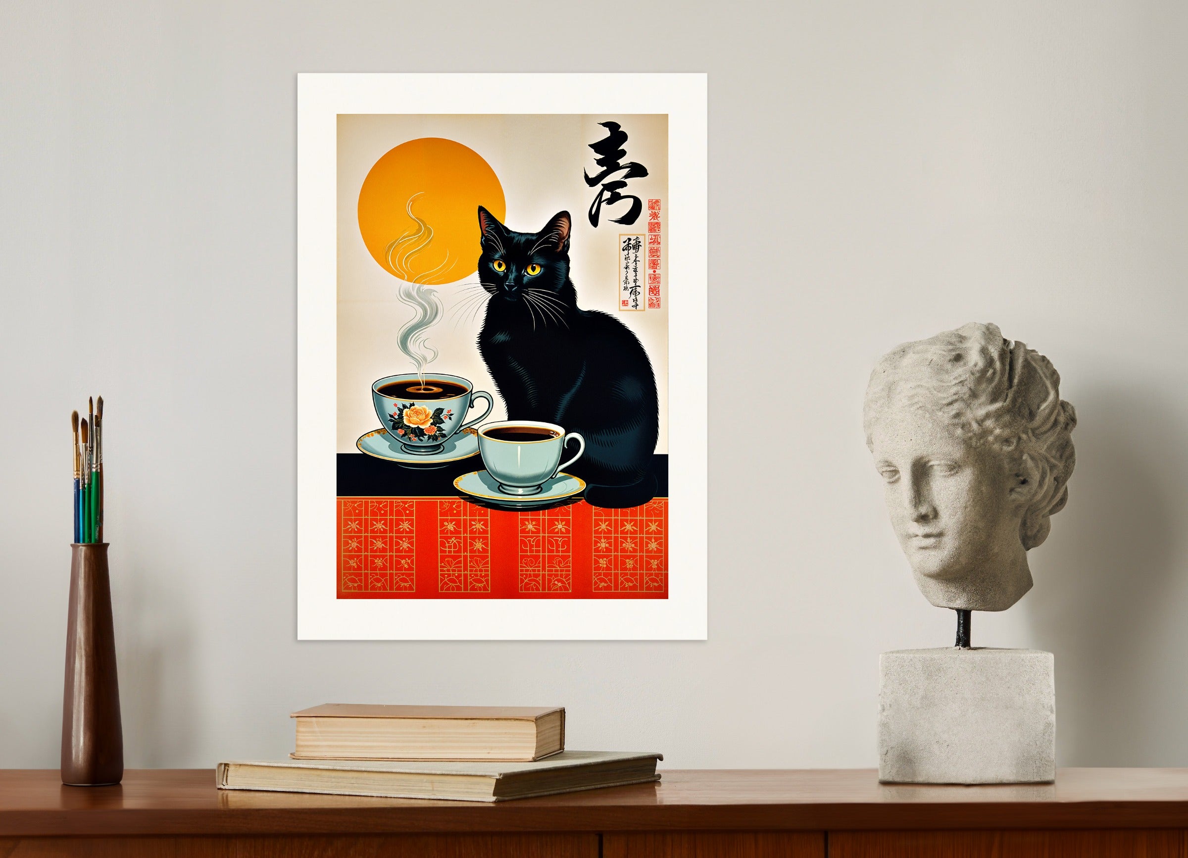 Poster: Black cat and coffee, vintage Japanese style, none