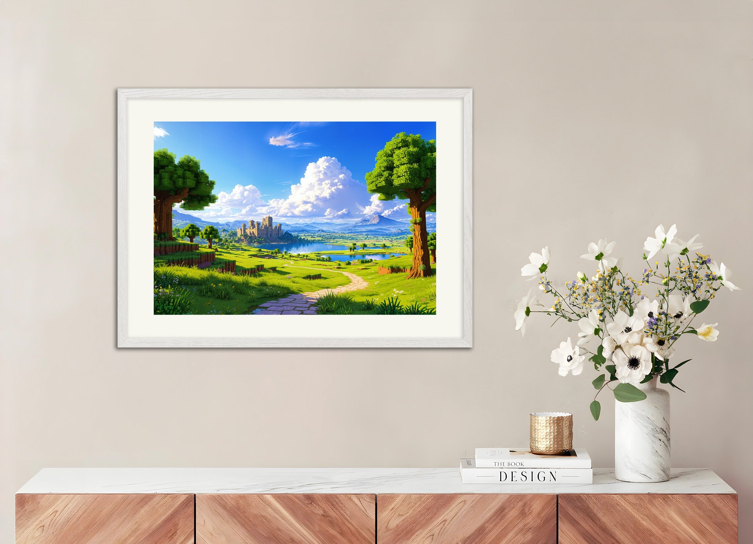 Poster with white wood frame: Minecraft, castle and lake