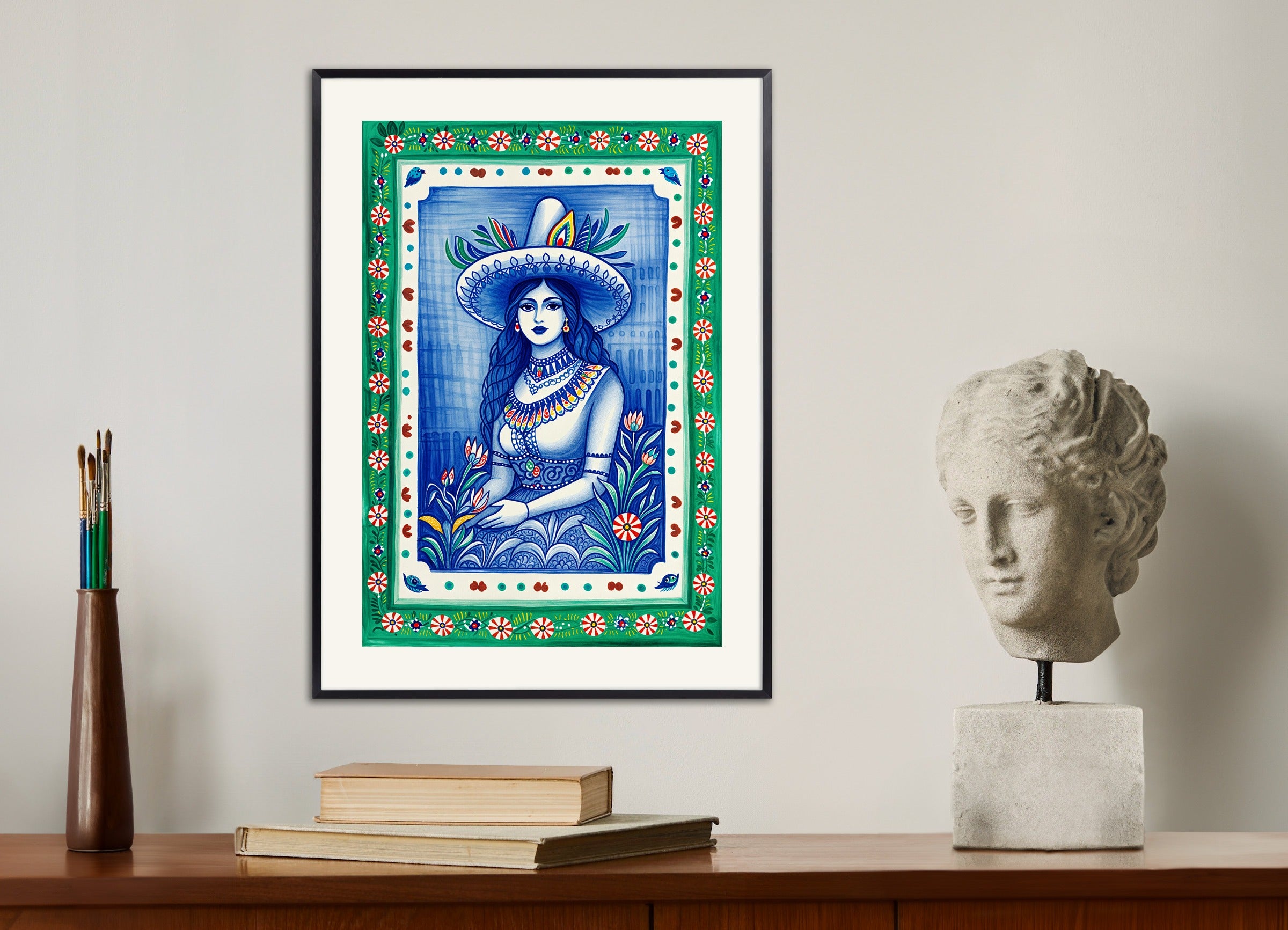 Poster with metal frame: Mexican art, folklore, women portrait