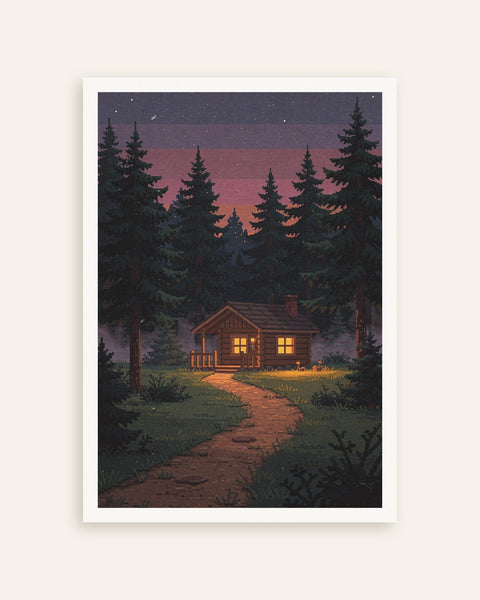 cabin-at-dusk-pixel-art-poster