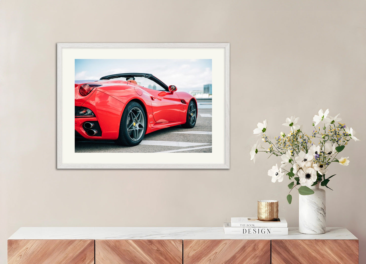 Poster of Car poster, Ferrari, with white wooden frame