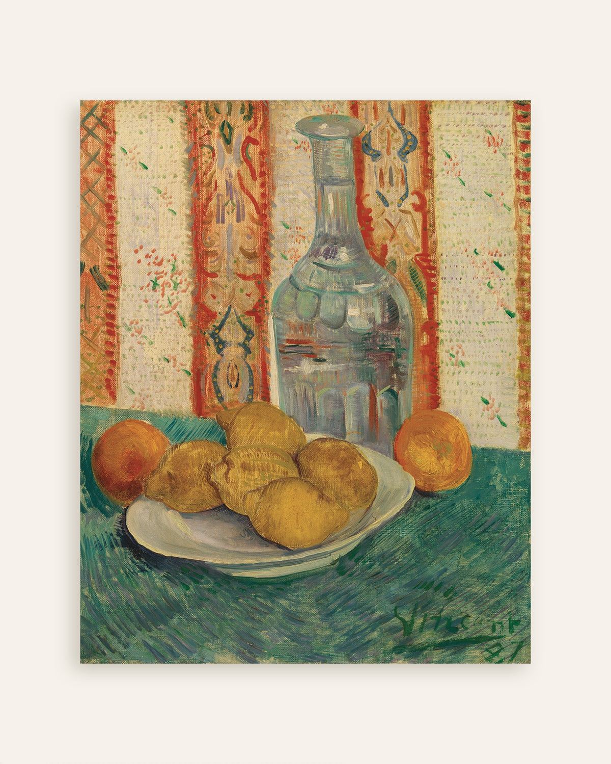 Poster av Karaffel og fat med sitrusfrukter (1887) av Vincent van Gogh, miniatyrbilde