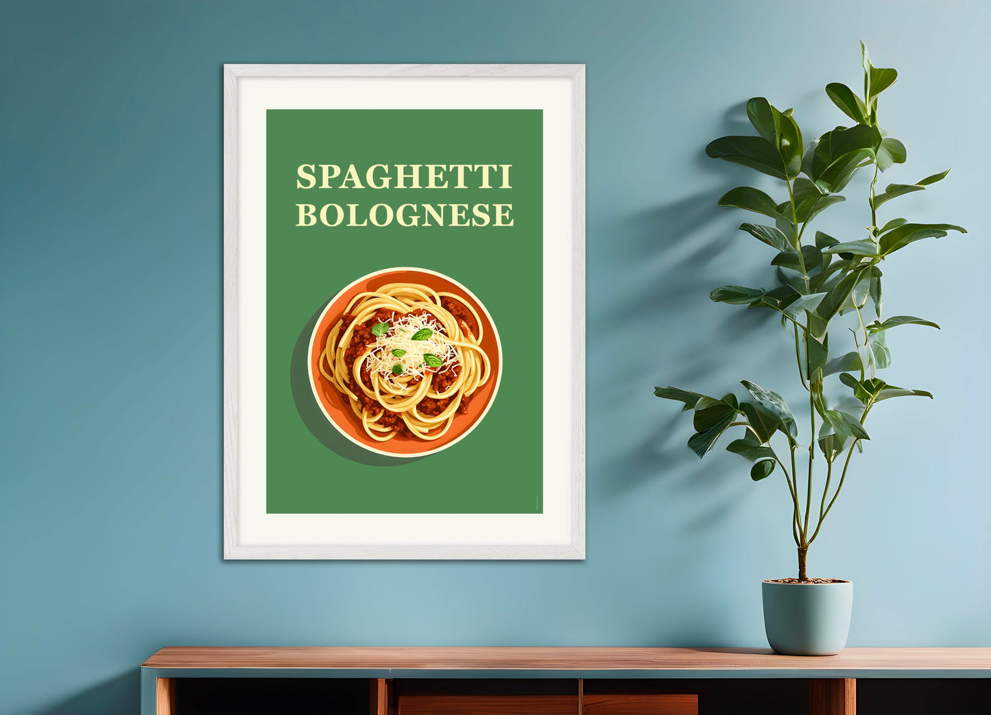 Poster with white wood frame: Spaghetti Bolognese, Italian restaurant