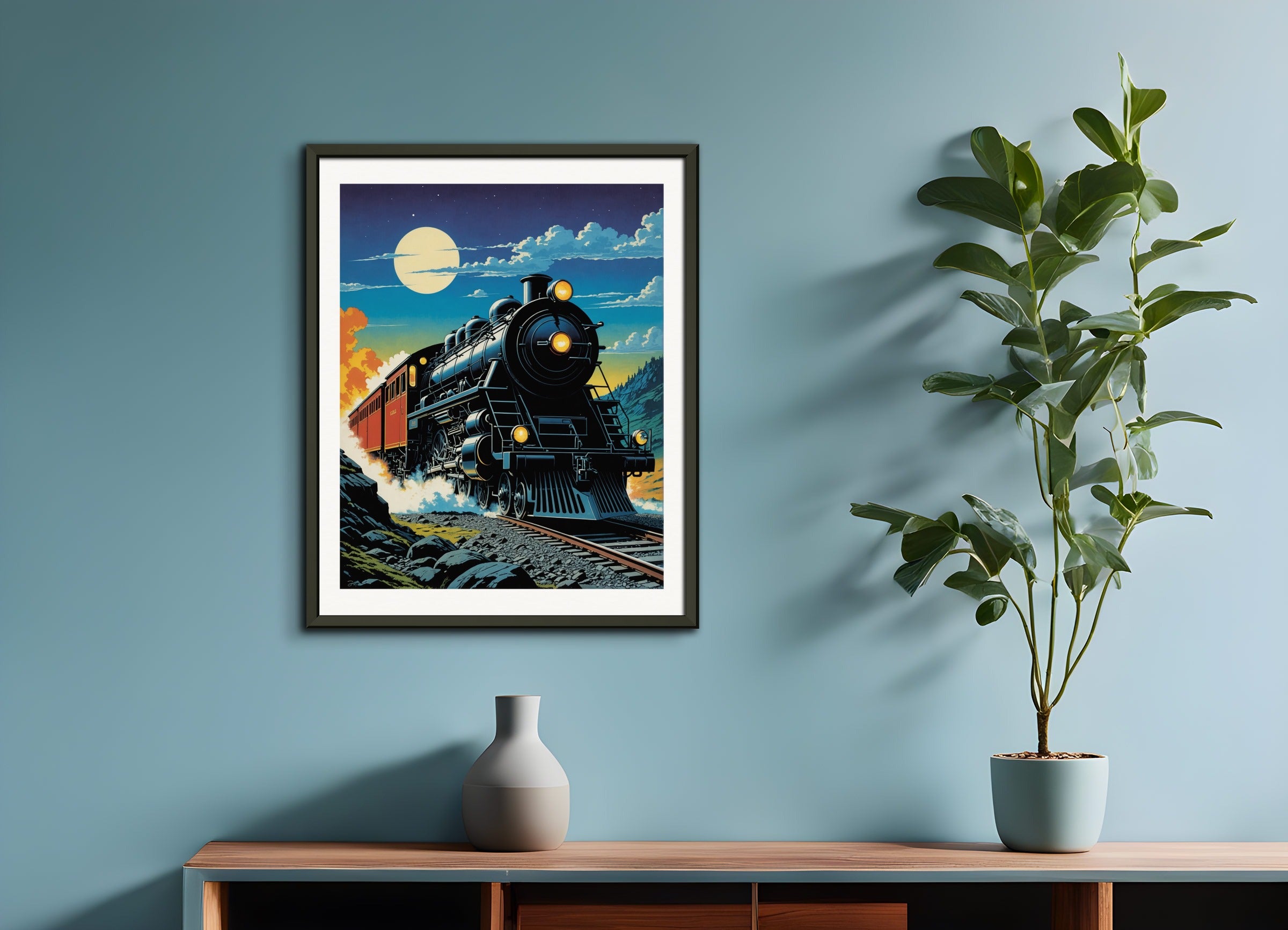 Poster with metal frame: French science fiction comics, dreamlike and psychedelic landscapes, Train