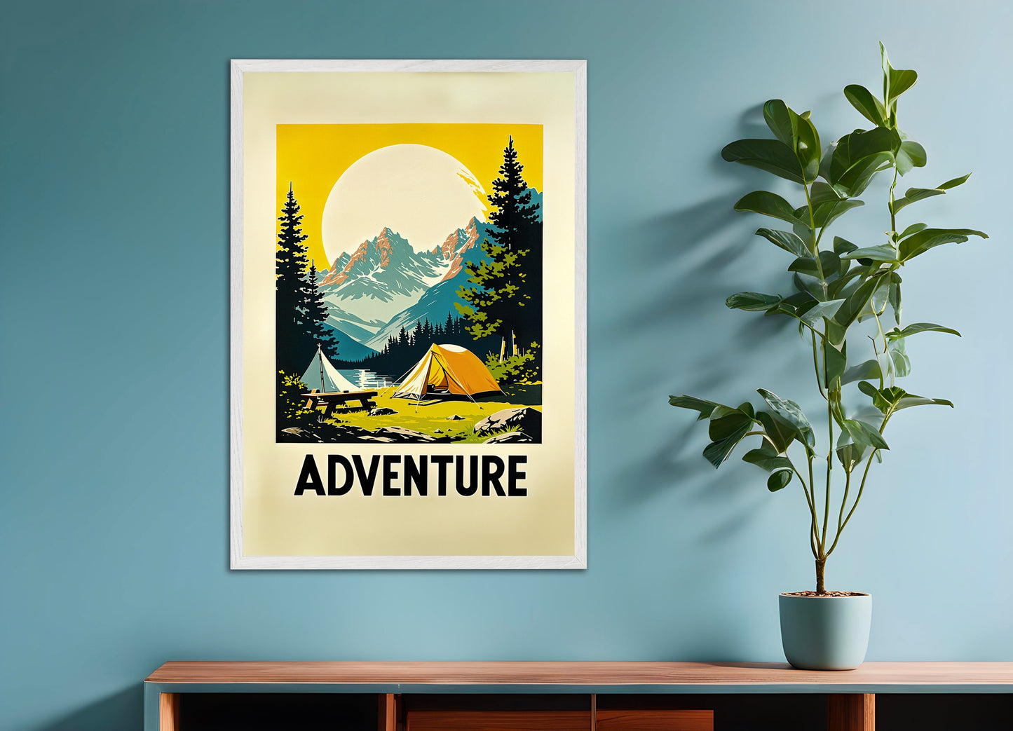 Poster with white wood frame: Nature, wild camping and adventure poster