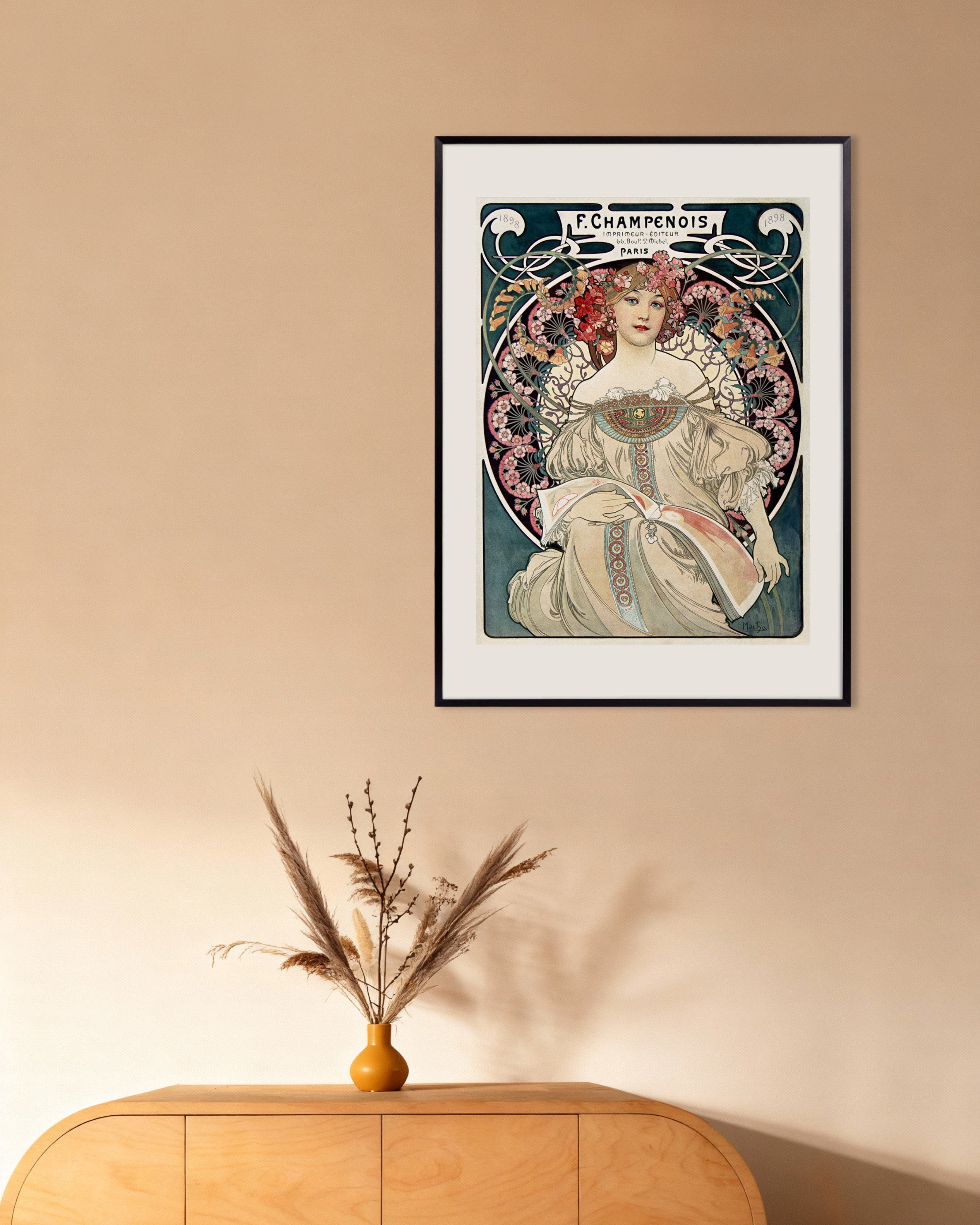 Poster of Champenois Printer-Publisher, by Alfons Mucha, with metal frame