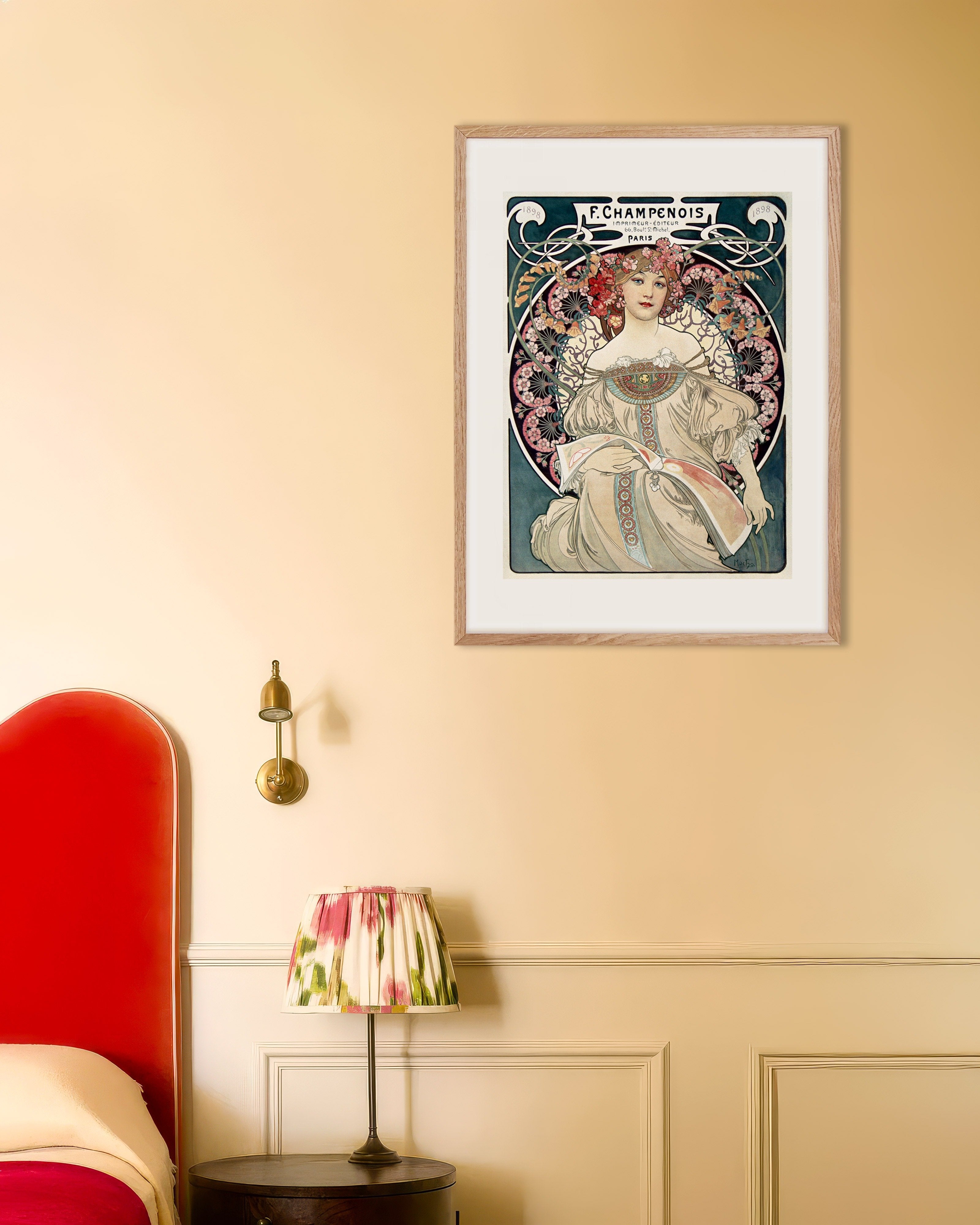 Poster of Champenois Printer-Publisher, by Alfons Mucha, with natural wooden frame